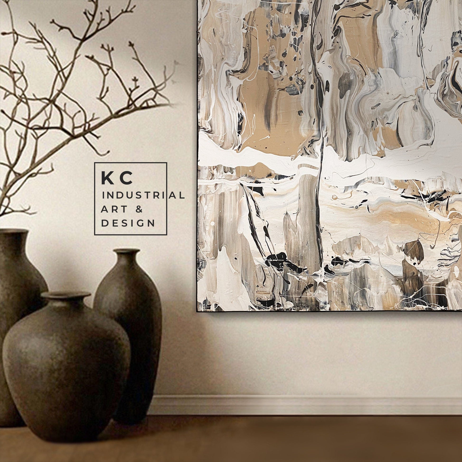 Black and Beige | Textured Series #4 | Abstract Minimalist Neutral Original Painting on Canvas | Tan Cream Beige Black