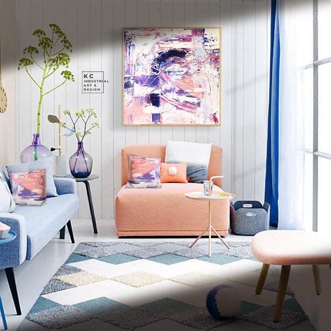Right Turn: Colorful Abstract Pink Blue Magenta Violet Cream Art Canvas Bold Bright Original Painting KC Industrial Art & Design