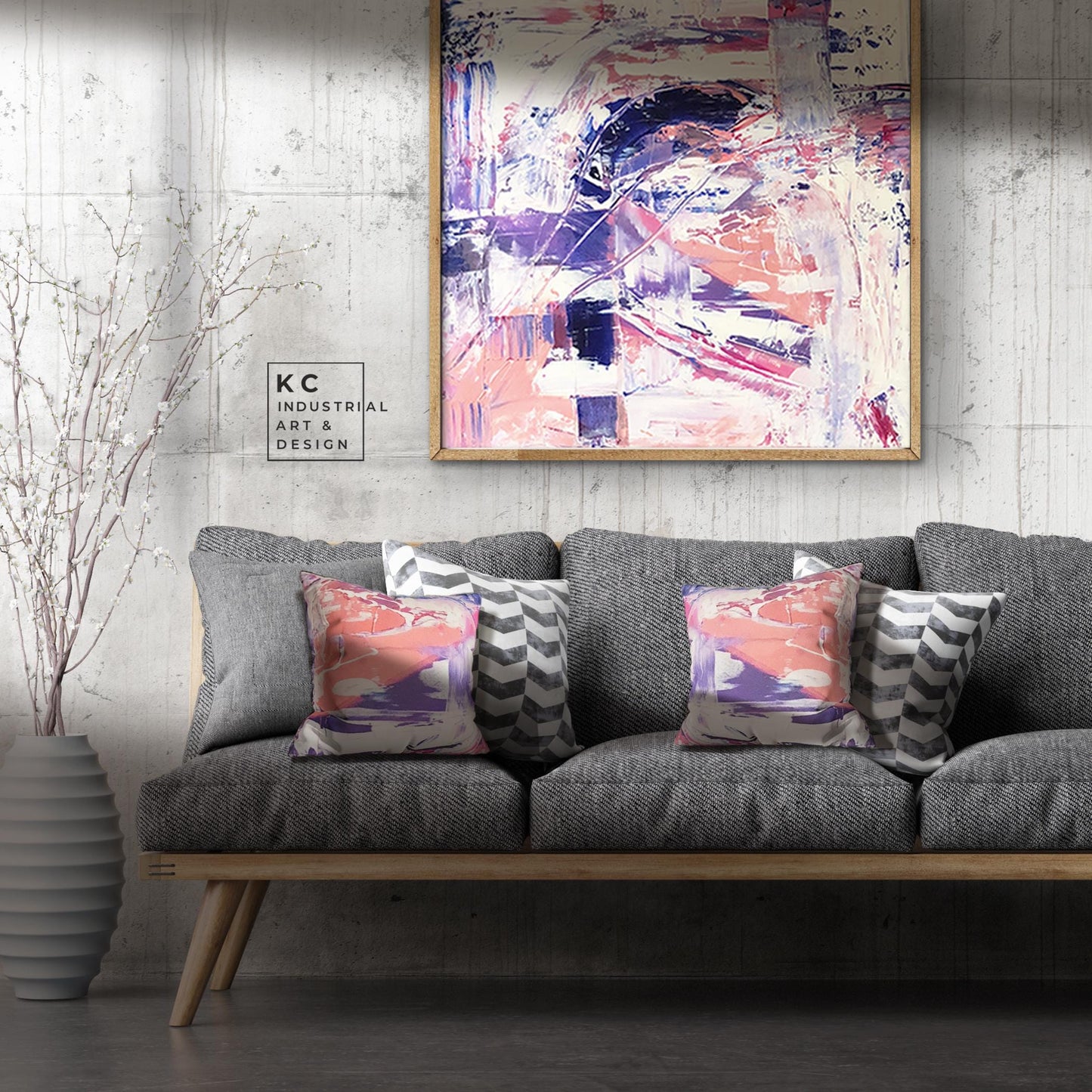 Right Turn: Colorful Abstract Pink Blue Magenta Violet Cream Art Canvas Bold Bright Original Painting KC Industrial Art & Design