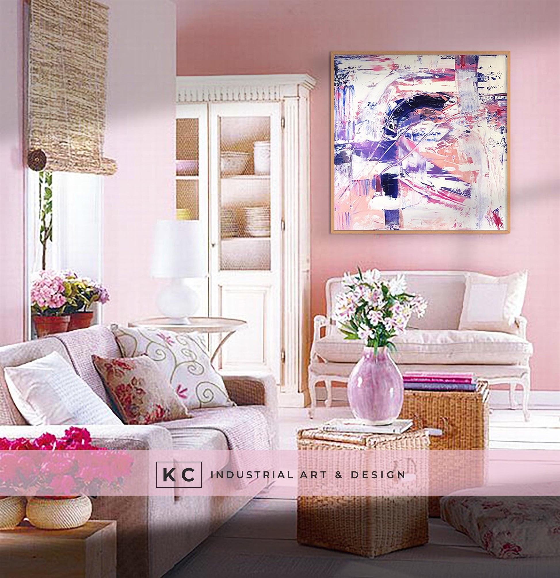 Right Turn: Colorful Abstract Pink Blue Magenta Violet Cream Art Canvas Bold Bright Original Painting KC Industrial Art & Design