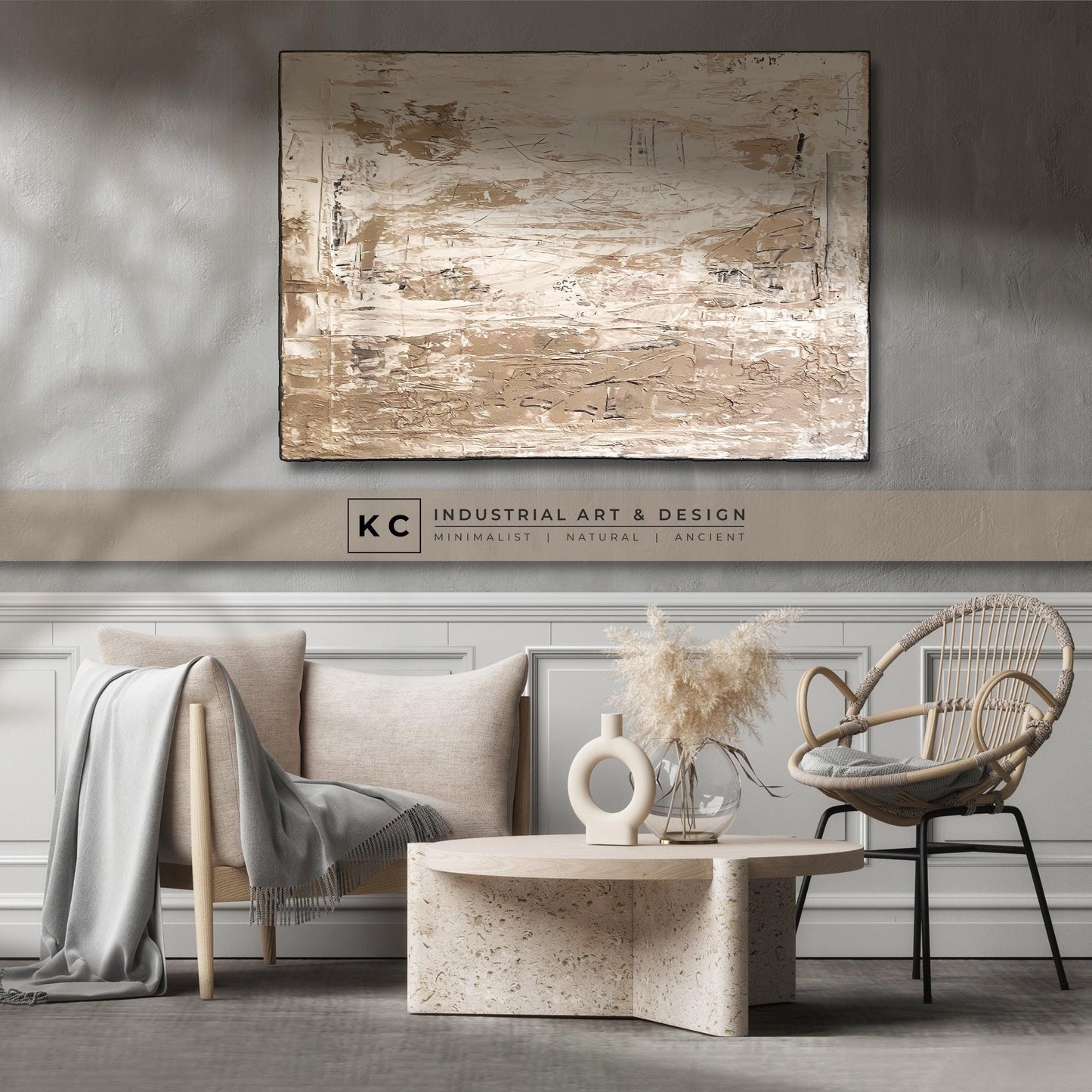 Wabi-Sabi Primitive Textured Abstract Painting | Minimalist | Organic | Neutral Aesthetics | Coastal | Farmhouse | Beige Slate Cream White KC Industrial Art & Design