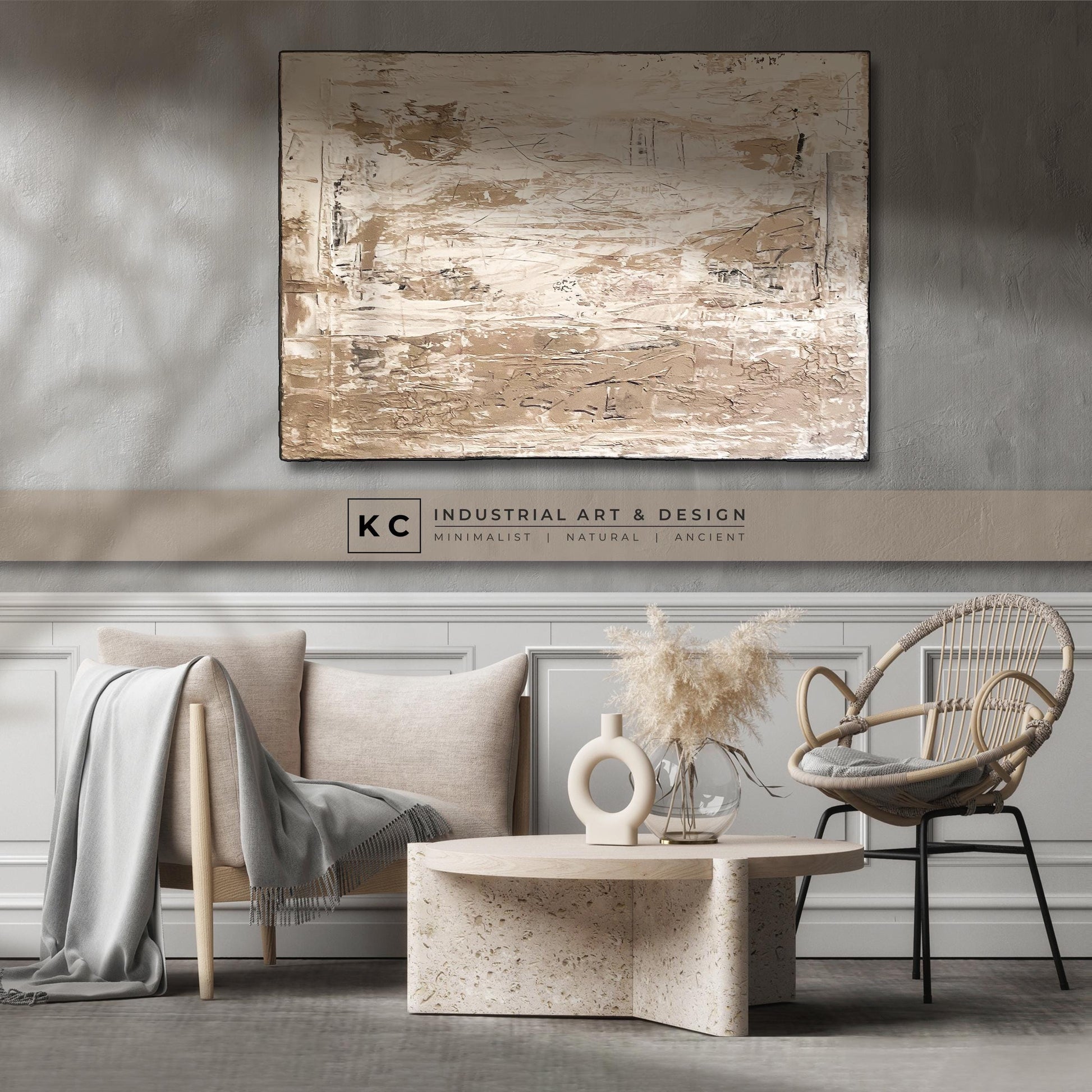 Wabi-Sabi Primitive Textured Abstract Painting | Minimalist | Organic | Neutral Aesthetics | Coastal | Farmhouse | Beige Slate Cream White KC Industrial Art & Design