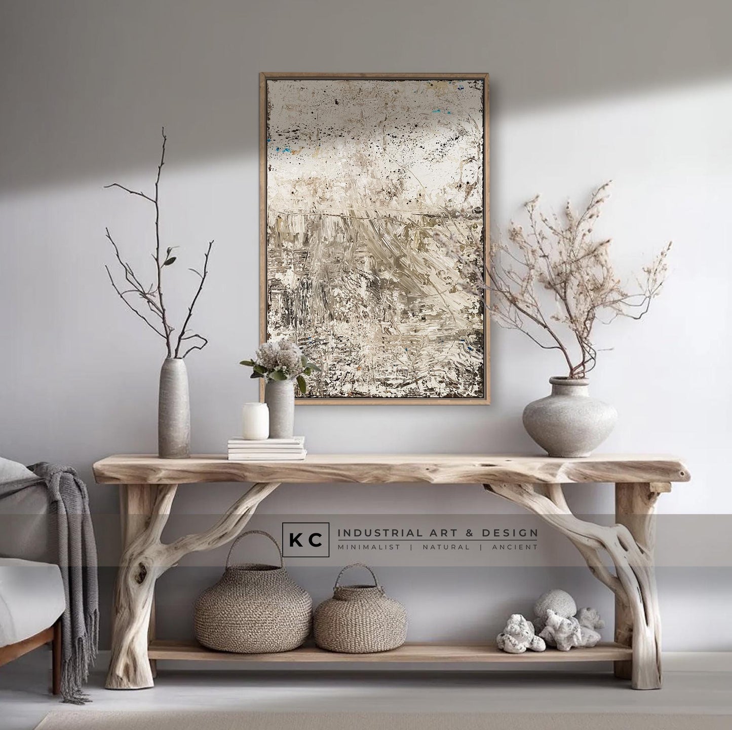Wabi-Sabi Japandi Organic Textured Abstract Minimalist Brown Beige Tan Horizon Artisan Painting KC Industrial Art & Design