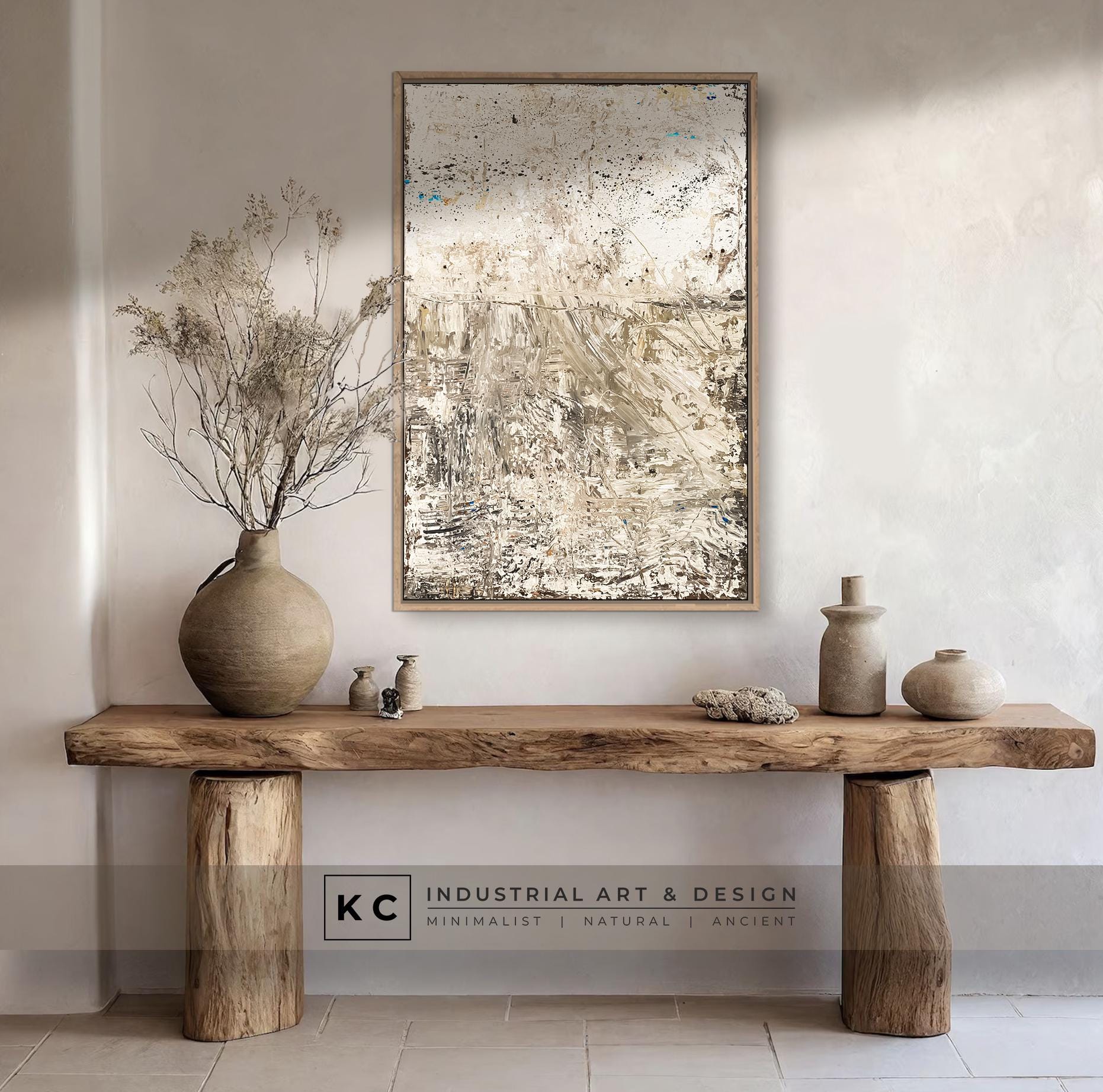 Wabi-Sabi Japandi Organic Textured Abstract Minimalist Brown Beige Tan Horizon Artisan Painting KC Industrial Art & Design