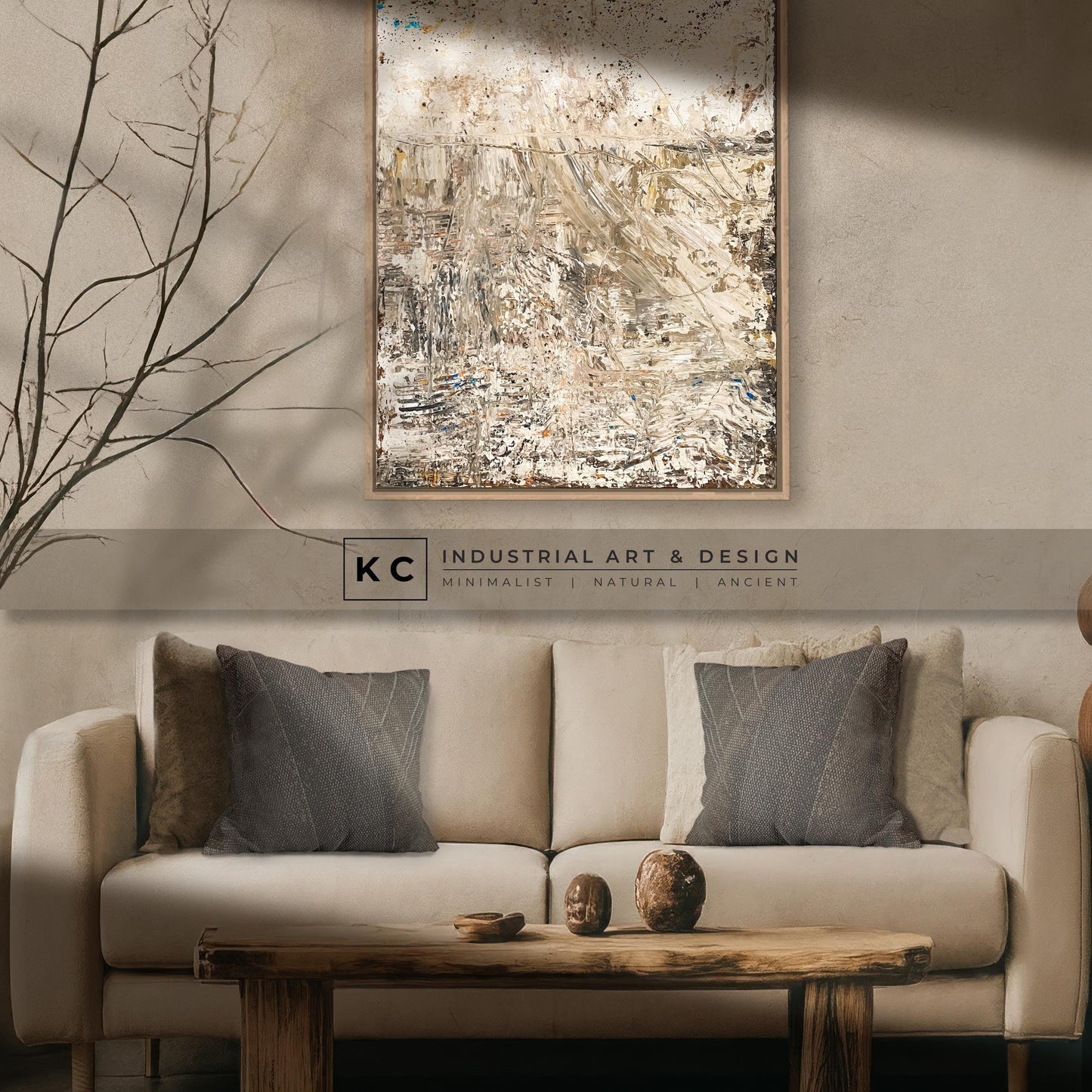 Wabi-Sabi Japandi Organic Textured Abstract Minimalist Brown Beige Tan Horizon Artisan Painting KC Industrial Art & Design