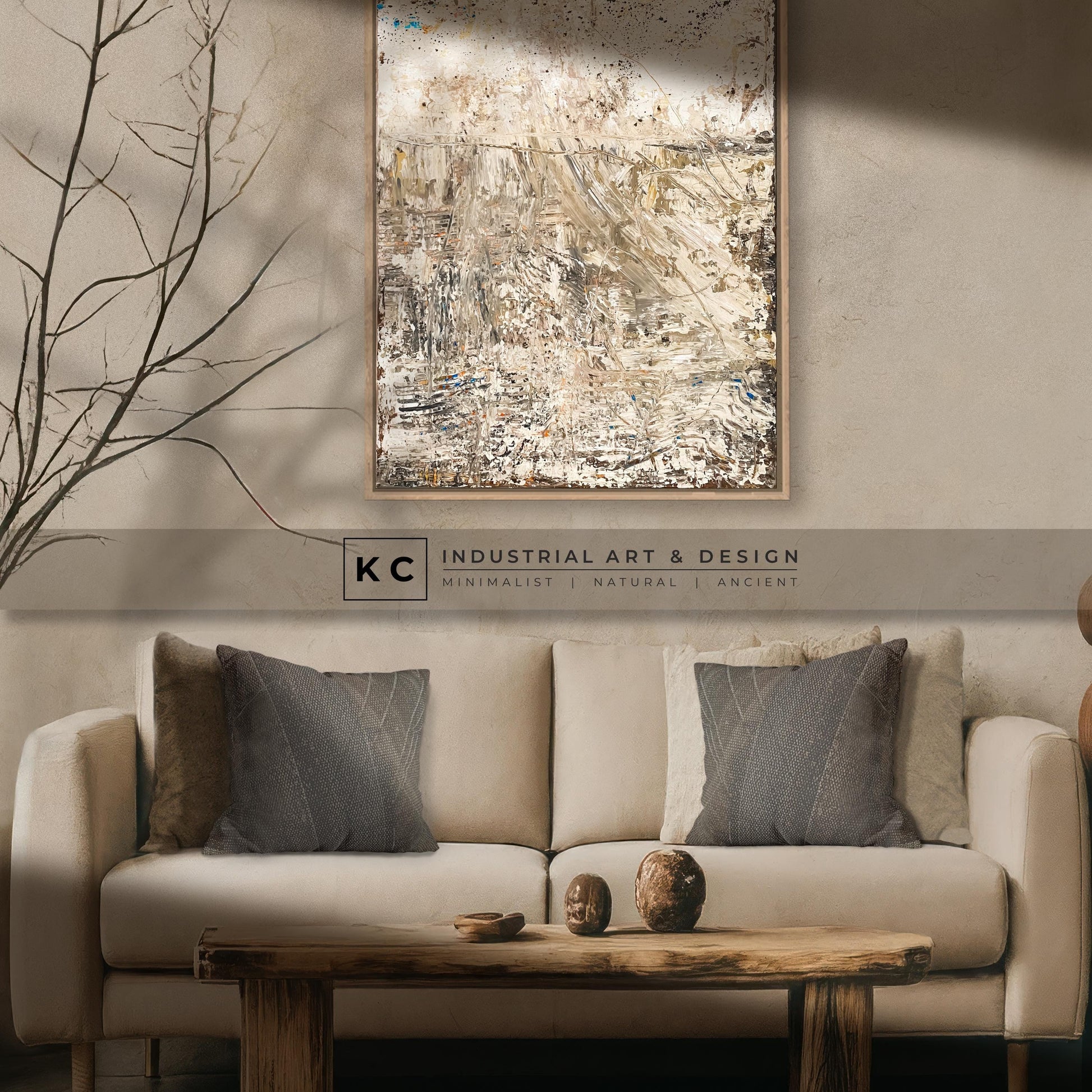 Wabi-Sabi Japandi Organic Textured Abstract Minimalist Brown Beige Tan Horizon Artisan Painting KC Industrial Art & Design
