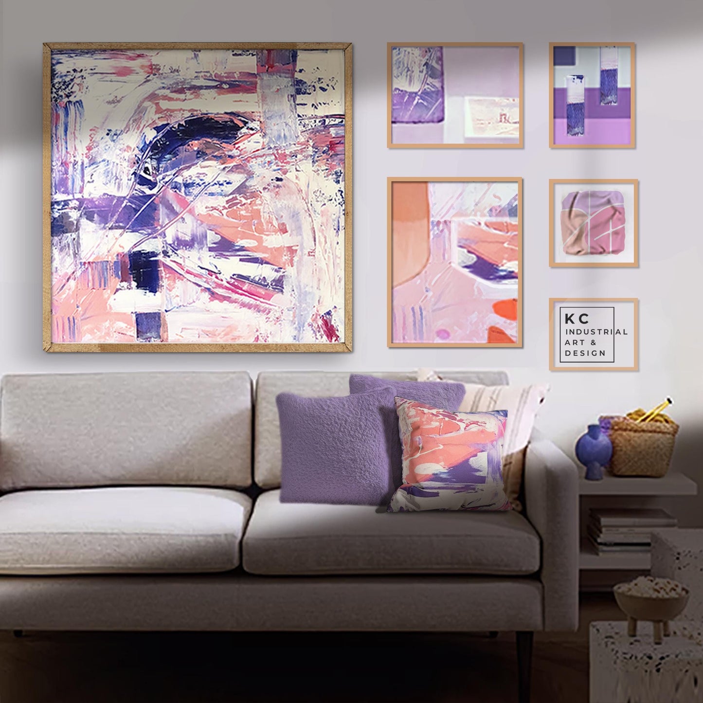 Right Turn: Colorful Abstract Pink Blue Magenta Violet Cream Art Canvas Bold Bright Original Painting KC Industrial Art & Design