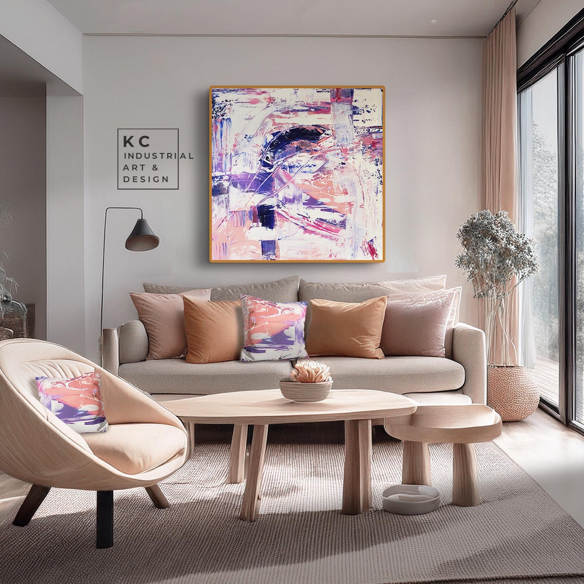 Right Turn: Colorful Abstract Pink Blue Magenta Violet Cream Art Canvas Bold Bright Original Painting KC Industrial Art & Design