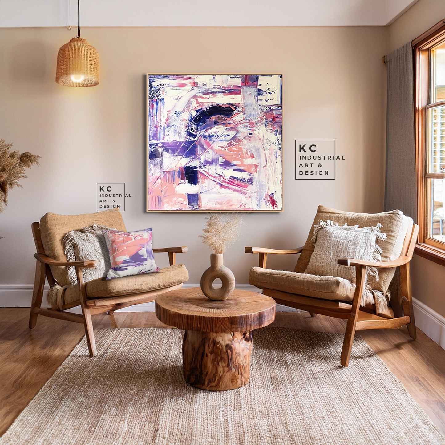 Right Turn: Colorful Abstract Pink Blue Magenta Violet Cream Art Canvas Bold Bright Original Painting KC Industrial Art & Design