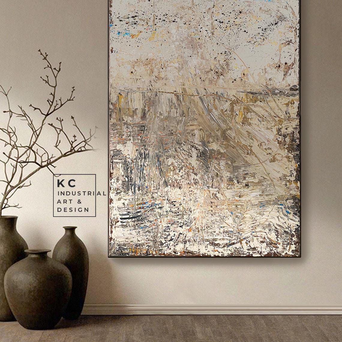 Wabi-Sabi Japandi Organic Textured Abstract Minimalist Brown Beige Tan Horizon Artisan Painting KC Industrial Art & Design