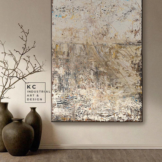Wabi-Sabi Japandi Organic Textured Abstract Minimalist Brown Beige Tan Horizon Artisan Painting KC Industrial Art & Design