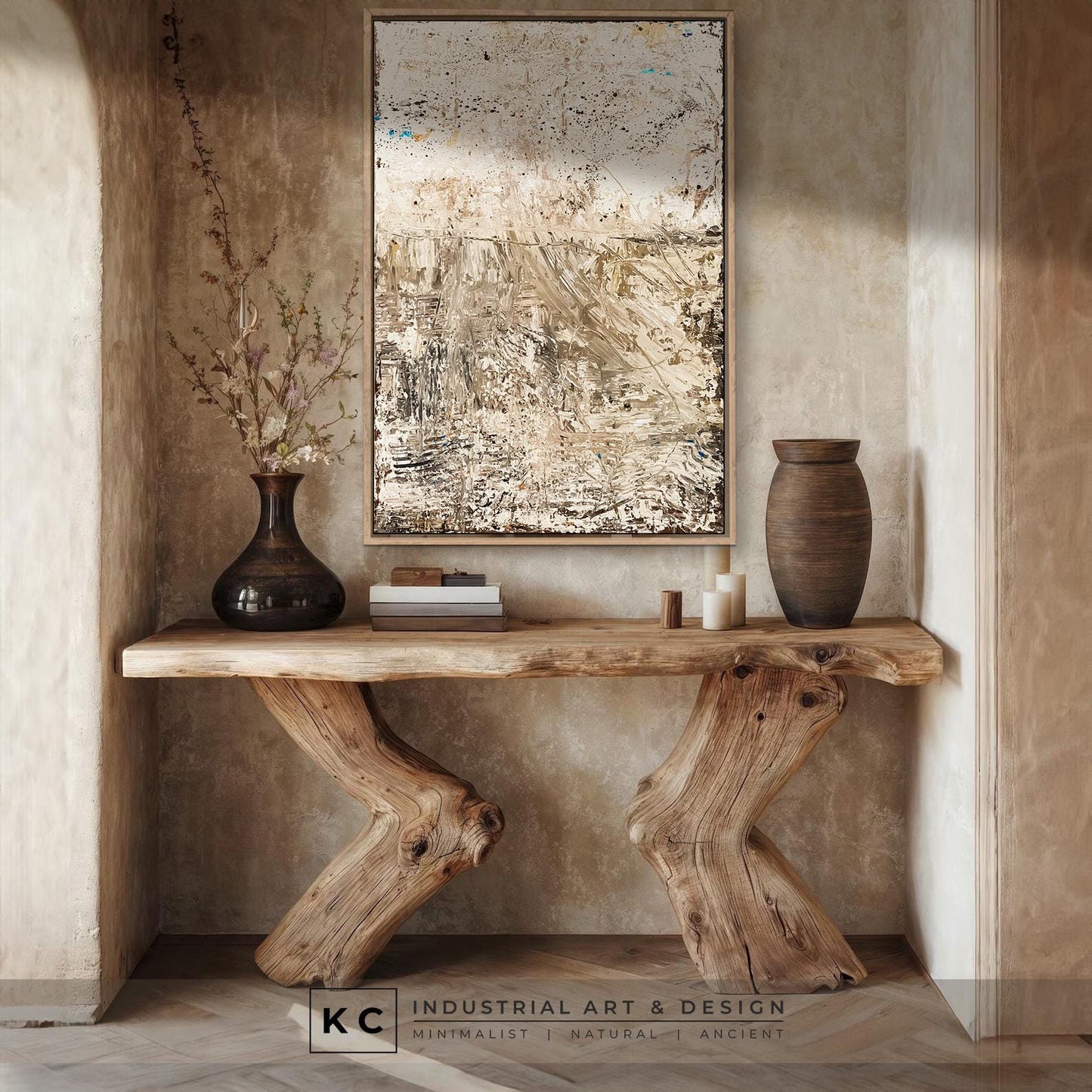 Wabi-Sabi Japandi Organic Textured Abstract Minimalist Brown Beige Tan Horizon Artisan Painting KC Industrial Art & Design