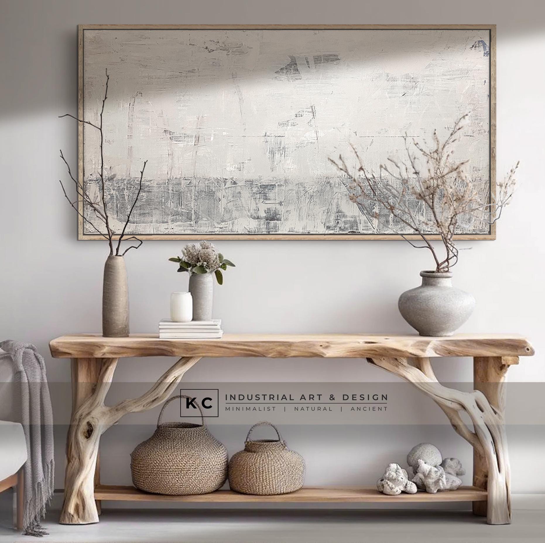 Dry Chalk Linen Abstract Painting | Minimalist | Primitive | Japandi | Wabi-Sabi Style Original | Art | Cream Tan Beige Modern Organic KC Industrial Art & Design