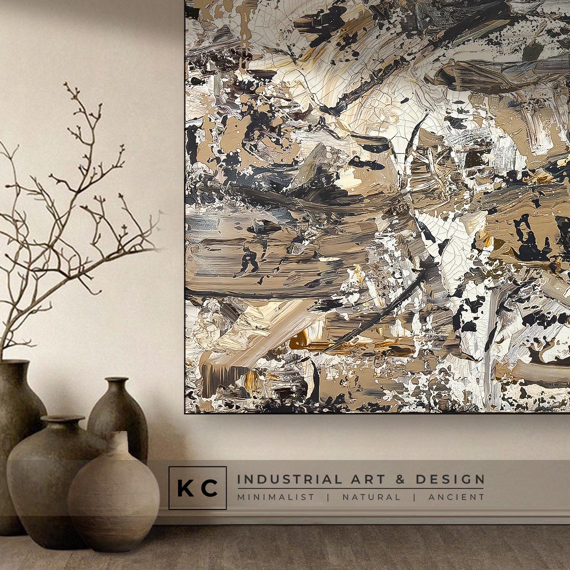 Beige Brown Black Abstract Painting | Large Original Landscape Art | Cream Tan Beige Office Den KC Industrial Art & Design
