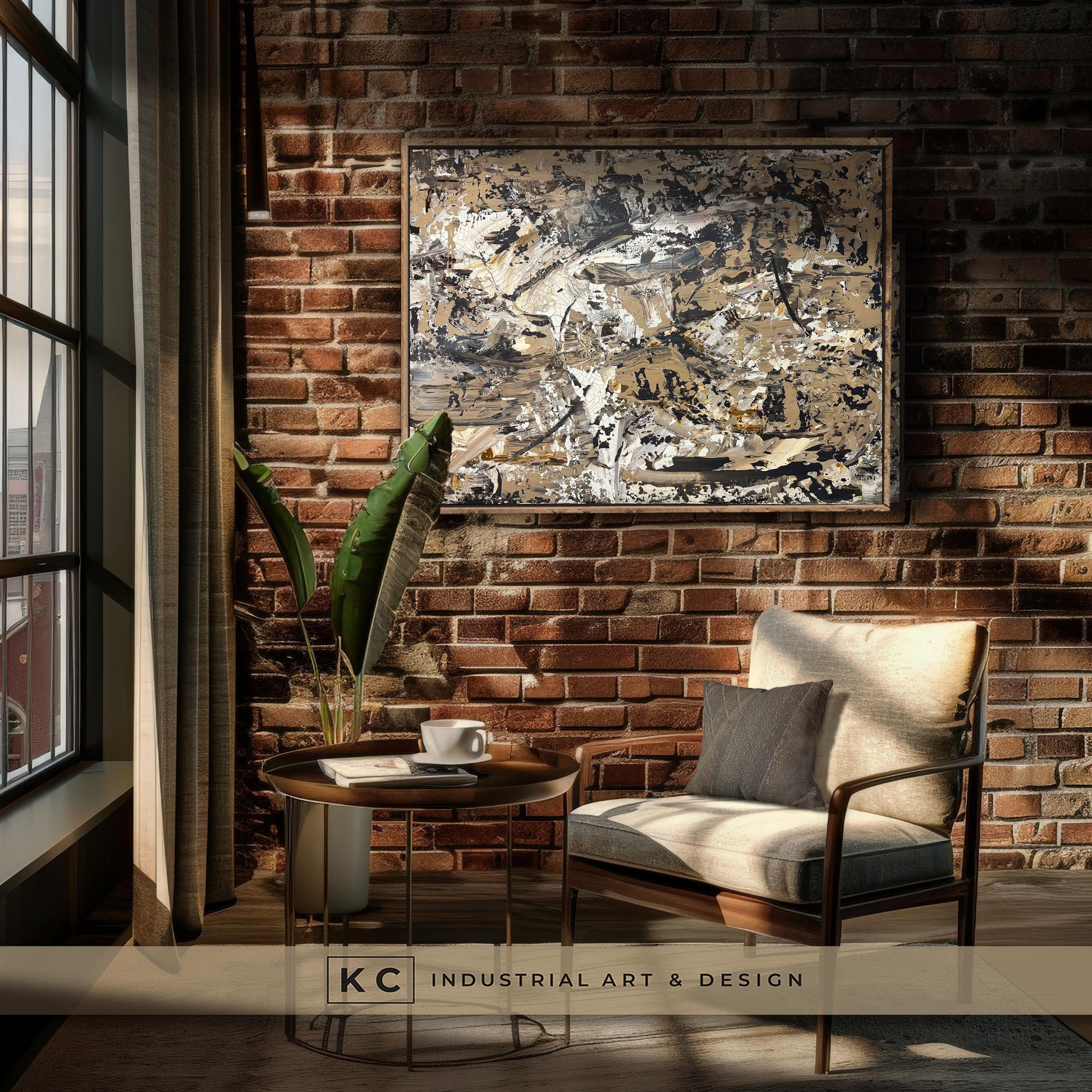Beige Brown Black Abstract Painting | Large Original Landscape Art | Cream Tan Beige Office Den KC Industrial Art & Design