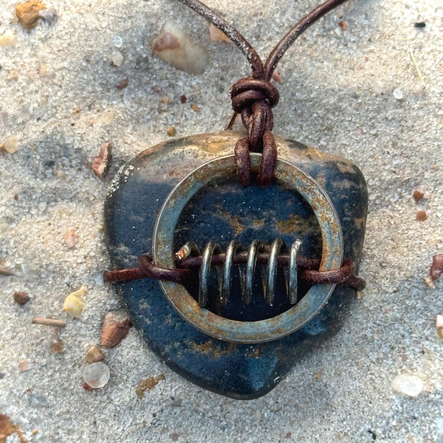 Primitive Wrapped Utah River Rock | Vintage Rusted Metal Parts | Found Object Artifact Industrial Necklace KC Industrial Art & Design