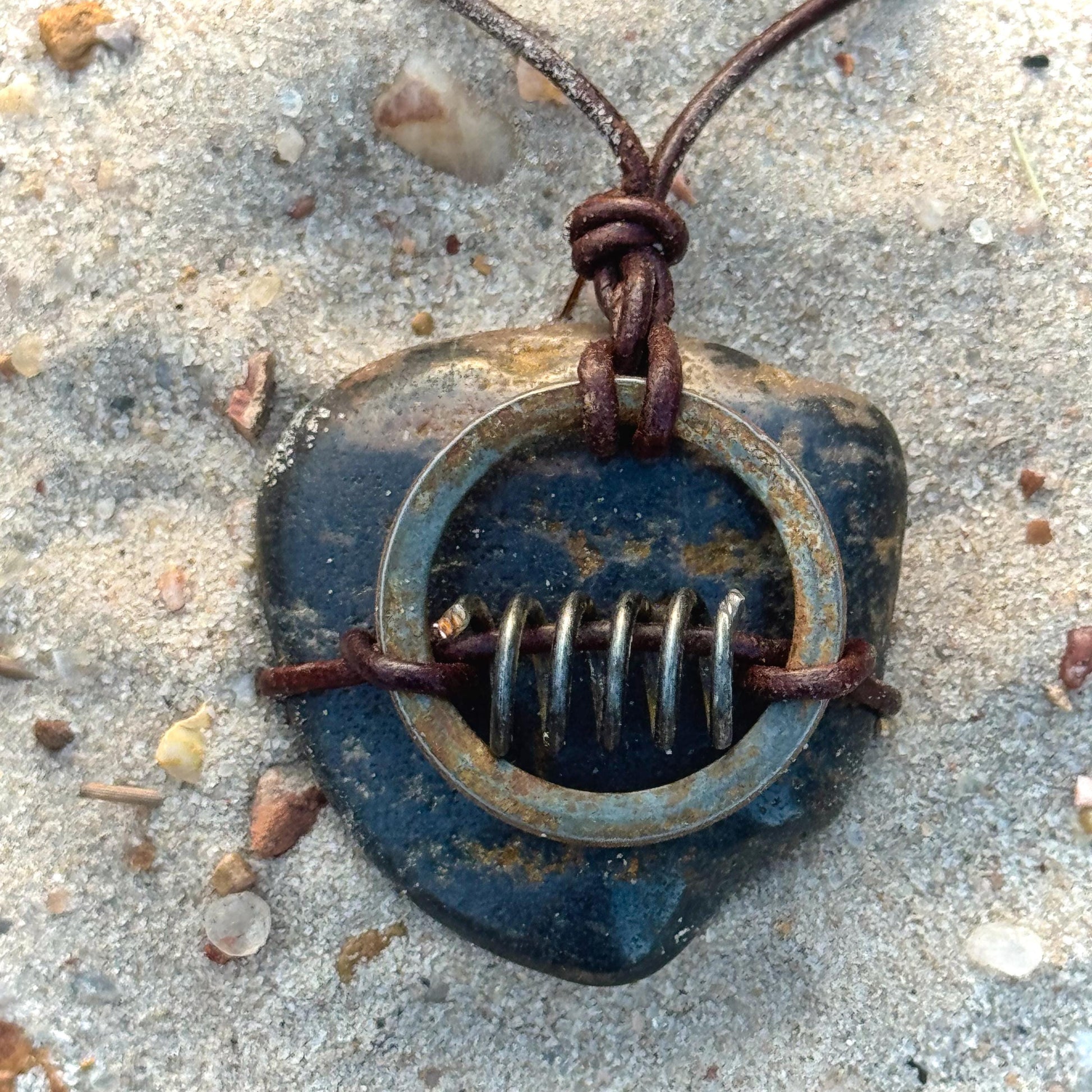 Primitive Wrapped Utah River Rock | Vintage Rusted Metal Parts | Found Object Artifact Industrial Necklace KC Industrial Art & Design
