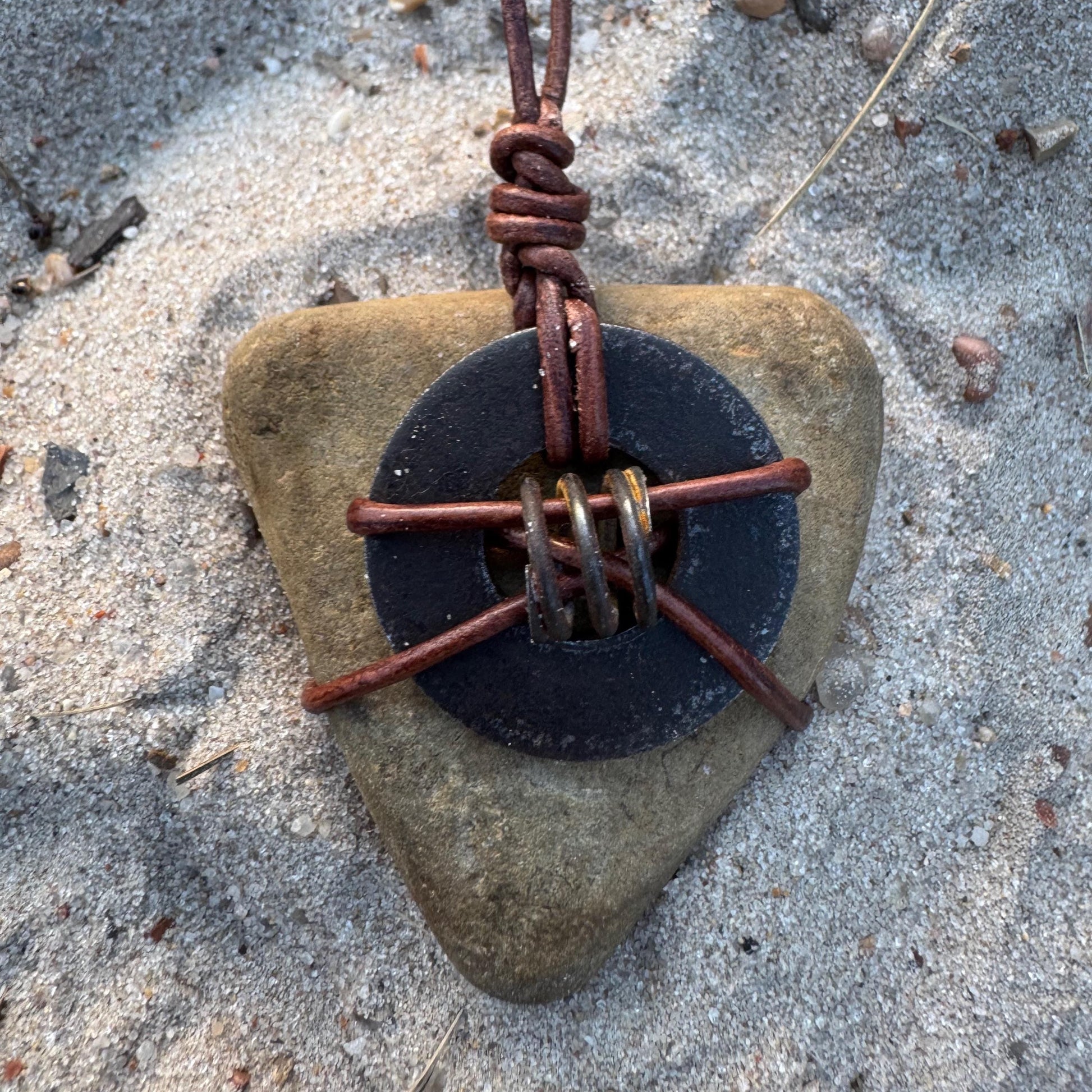 Primitive Alchemy: Colorado River Stone Amulet | Rusted Metal Vintage Found Object Genderless Artifact Jewelry Unisex KC Industrial Art & Design