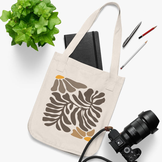 Vintage Retro Boho Organic 100% Cotton Canvas Tote Bag | Matisse Floral Design | Brown Orange Tan | Natural Earth Colors KC Industrial Art & Design