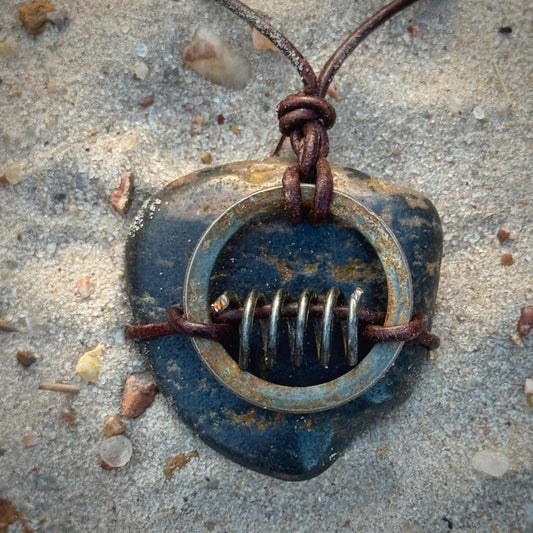 Primitive Wrapped Utah River Rock | Vintage Rusted Metal Parts | Found Object Artifact Industrial Necklace KC Industrial Art & Design