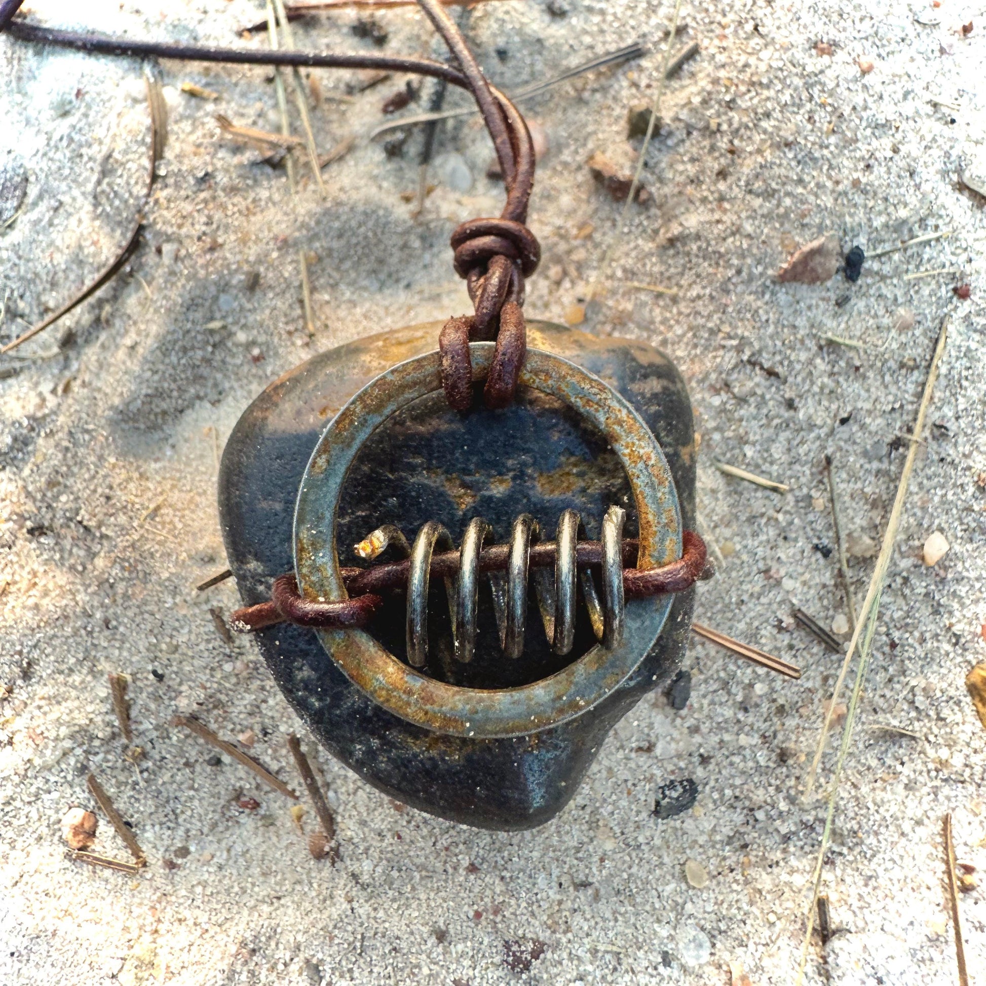 Primitive Wrapped Utah River Rock | Vintage Rusted Metal Parts | Found Object Artifact Industrial Necklace KC Industrial Art & Design