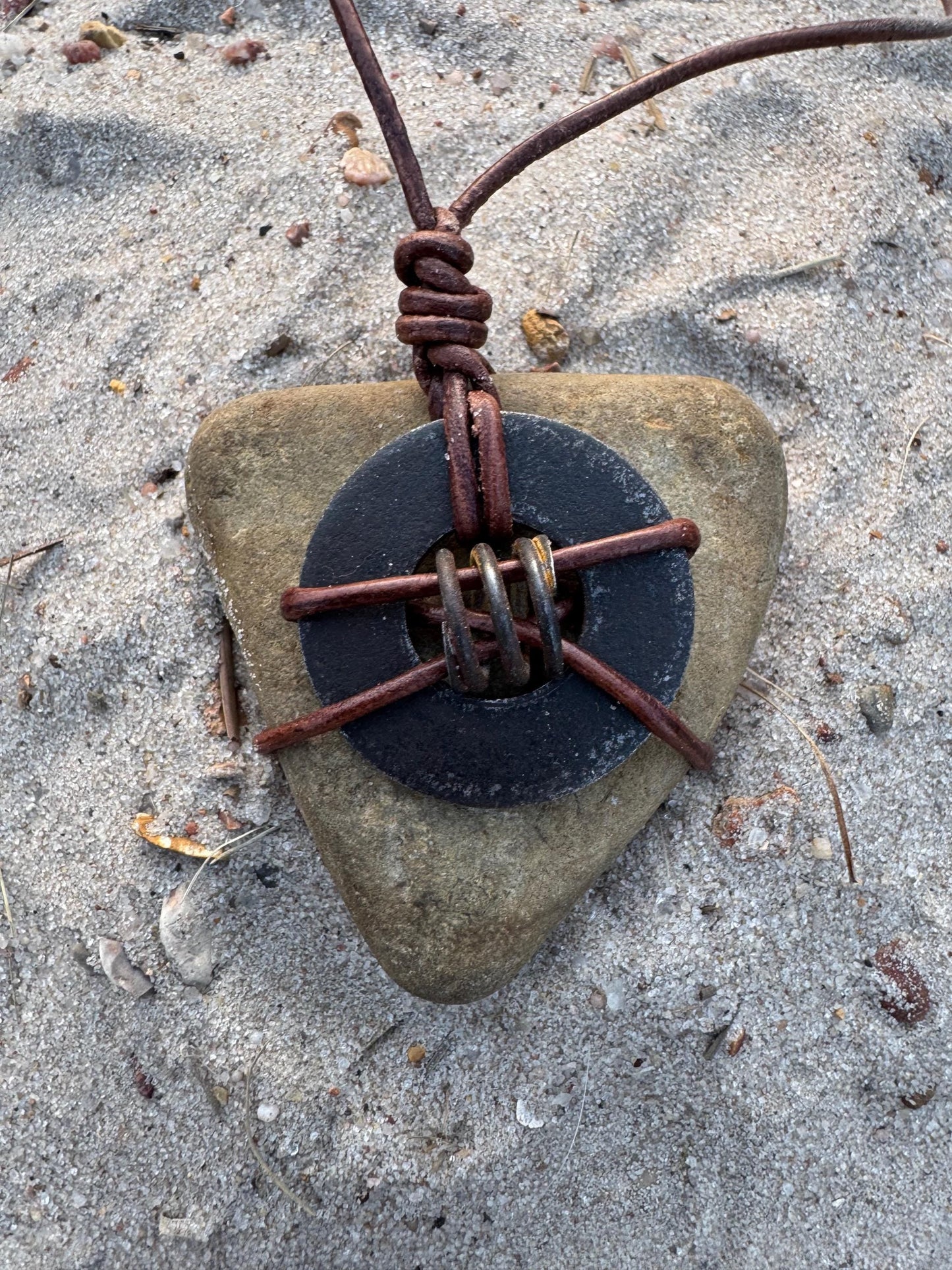Primitive Alchemy: Colorado River Stone Amulet | Rusted Metal Vintage Found Object Genderless Artifact Jewelry Unisex KC Industrial Art & Design