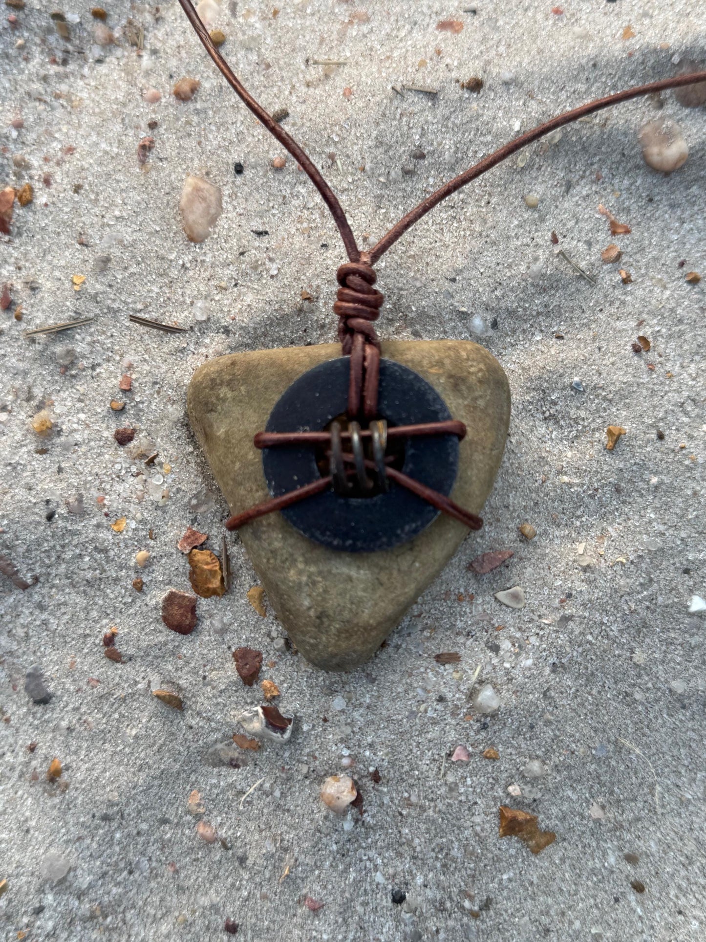 Primitive Alchemy: Colorado River Stone Amulet | Rusted Metal Vintage Found Object Genderless Artifact Jewelry Unisex KC Industrial Art & Design