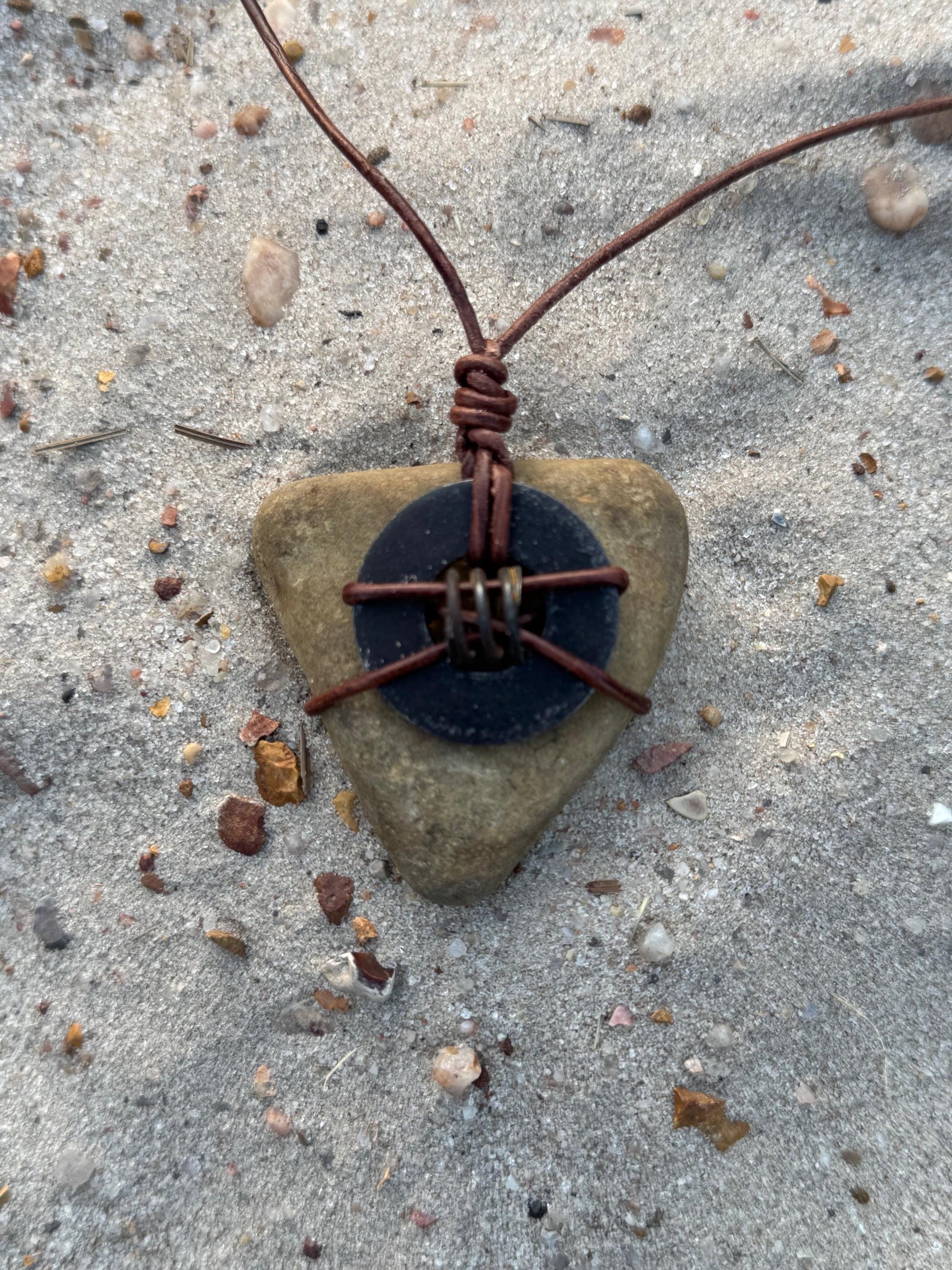 Primitive Alchemy: Colorado River Stone Amulet | Rusted Metal Vintage Found Object Genderless Artifact Jewelry Unisex KC Industrial Art & Design