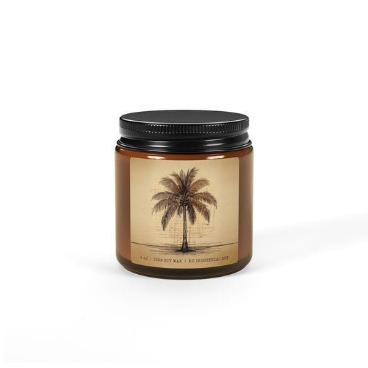Vintage Botanical Hand-Sketched Palm Tree Candle | Amber Jar | 100% Soy Wax | Minimalist Modern Organic Japandi Wabi-Sabi Natural Bohemian KC Industrial Art & Design