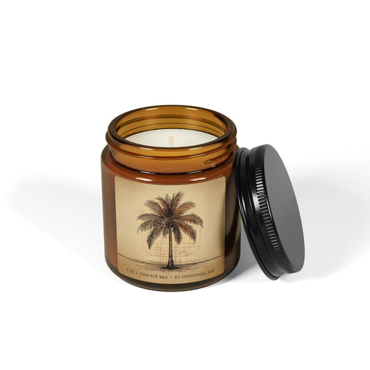 Vintage Botanical Hand-Sketched Palm Tree Candle | Amber Jar | 100% Soy Wax | Minimalist Modern Organic Japandi Wabi-Sabi Natural Bohemian KC Industrial Art & Design