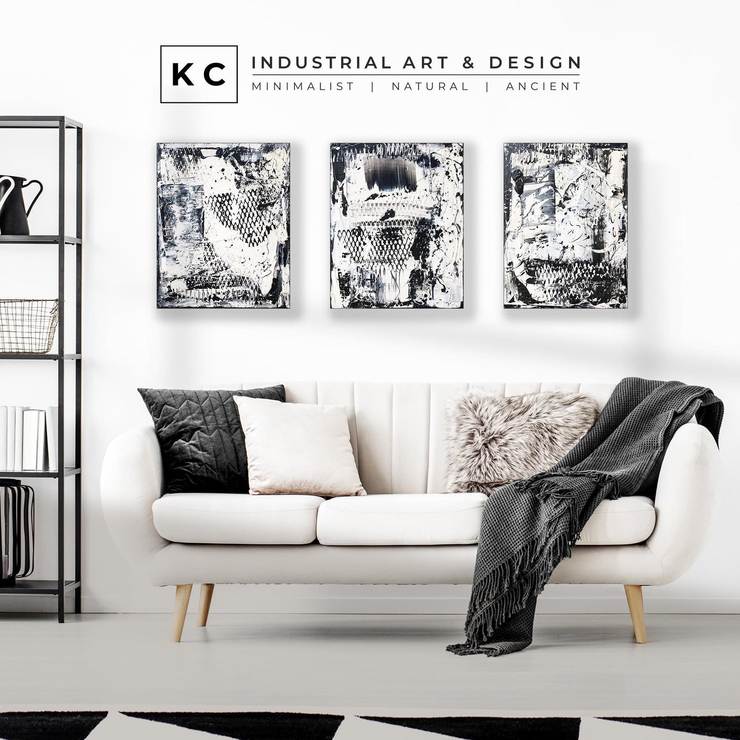 Black and White Industrial Textured Abstract Minimalist Wabi-Sabi Original Painting | Set of Three KC Industrial Art & Design