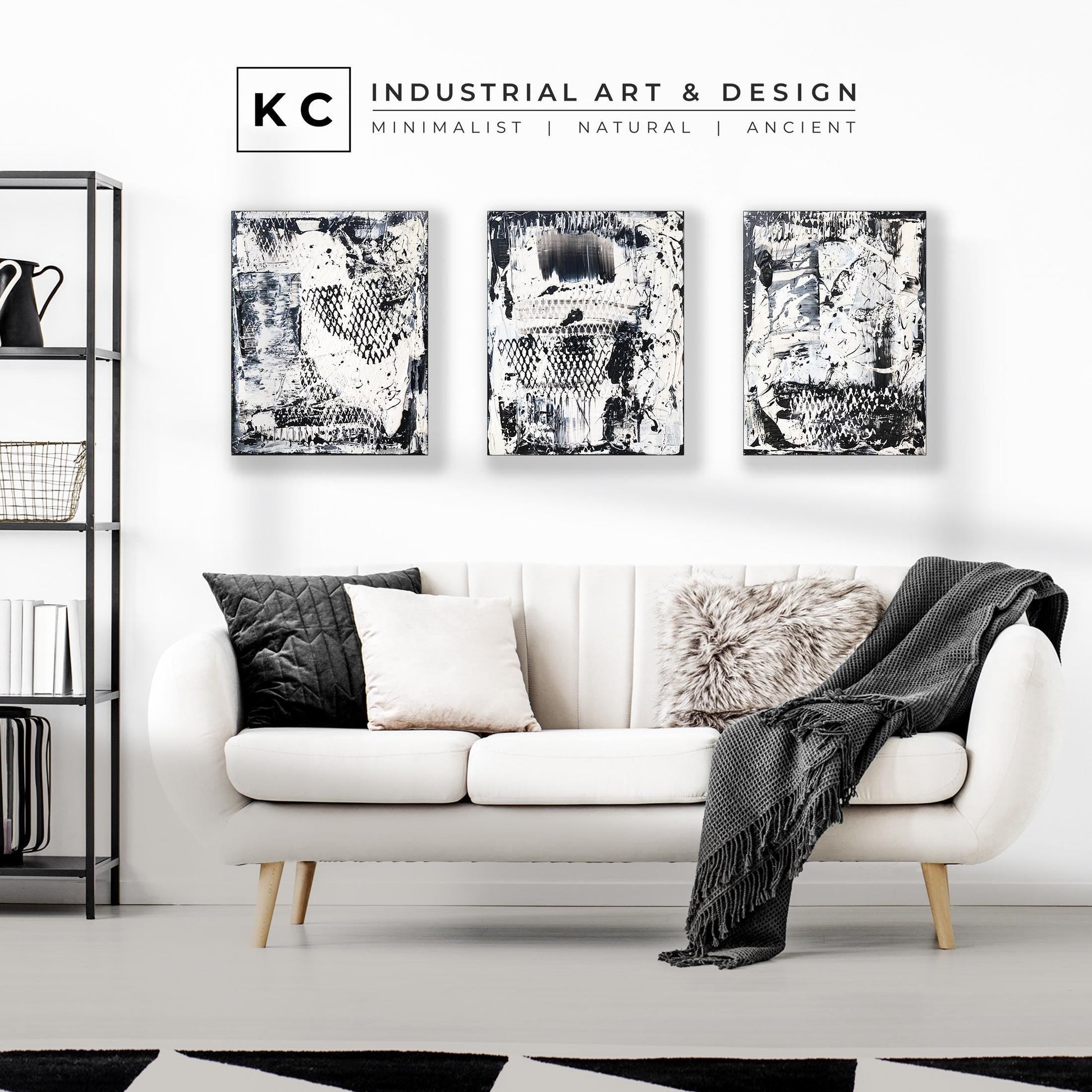 Black and White Industrial Textured Abstract Minimalist Wabi-Sabi Original Painting | Set of Three KC Industrial Art & Design