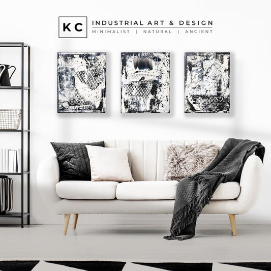 Black and White Industrial Textured Abstract Minimalist Wabi-Sabi Original Painting | Set of Three KC Industrial Art & Design