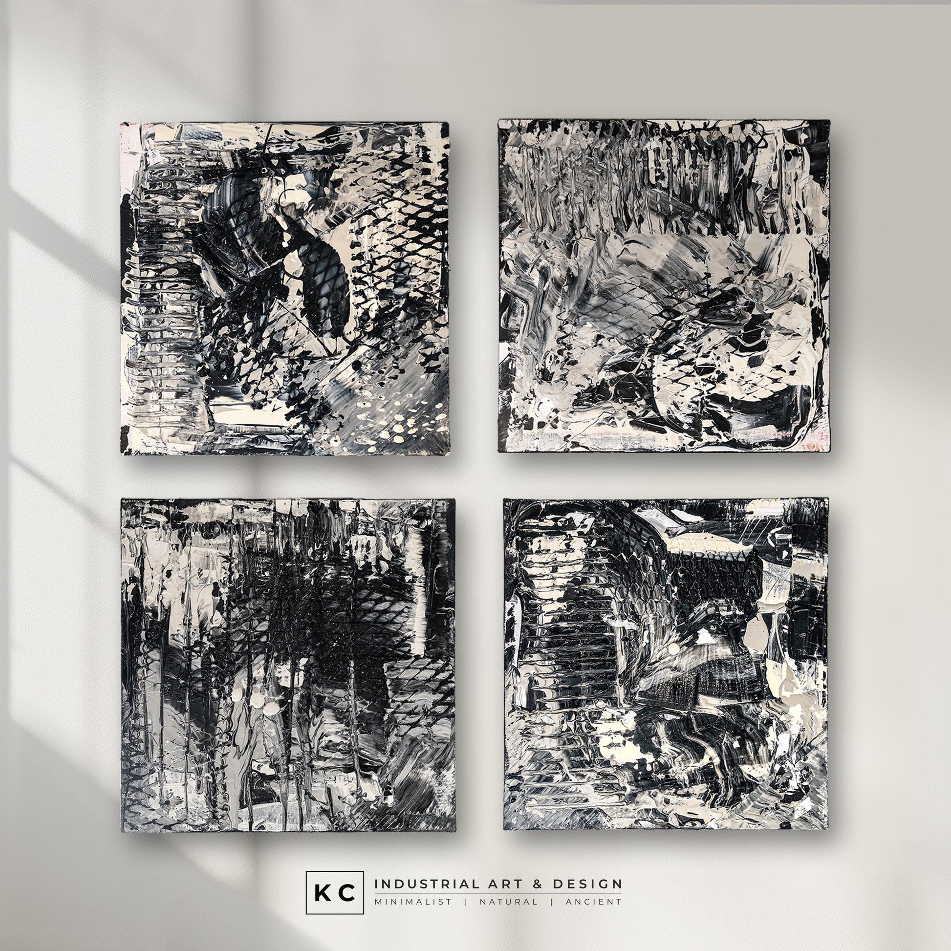 Black and White Industrial Textured Abstract Minimalist Wabi-Sabi Original Paintings | Set of Four KC Industrial Art & Design