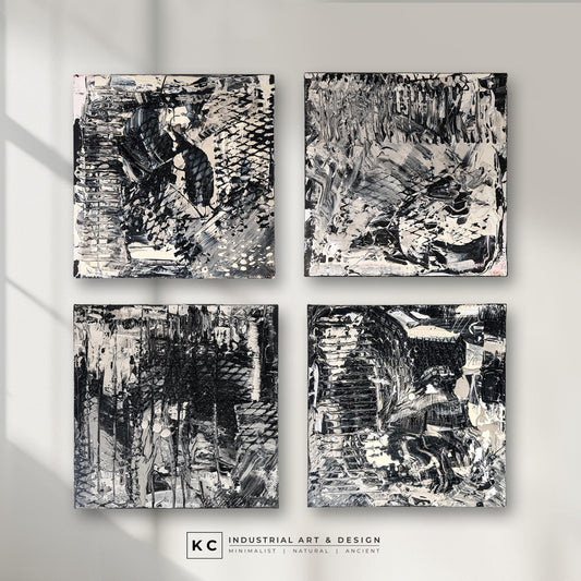 Black and White Industrial Textured Abstract Minimalist Wabi-Sabi Original Paintings | Set of Four KC Industrial Art & Design