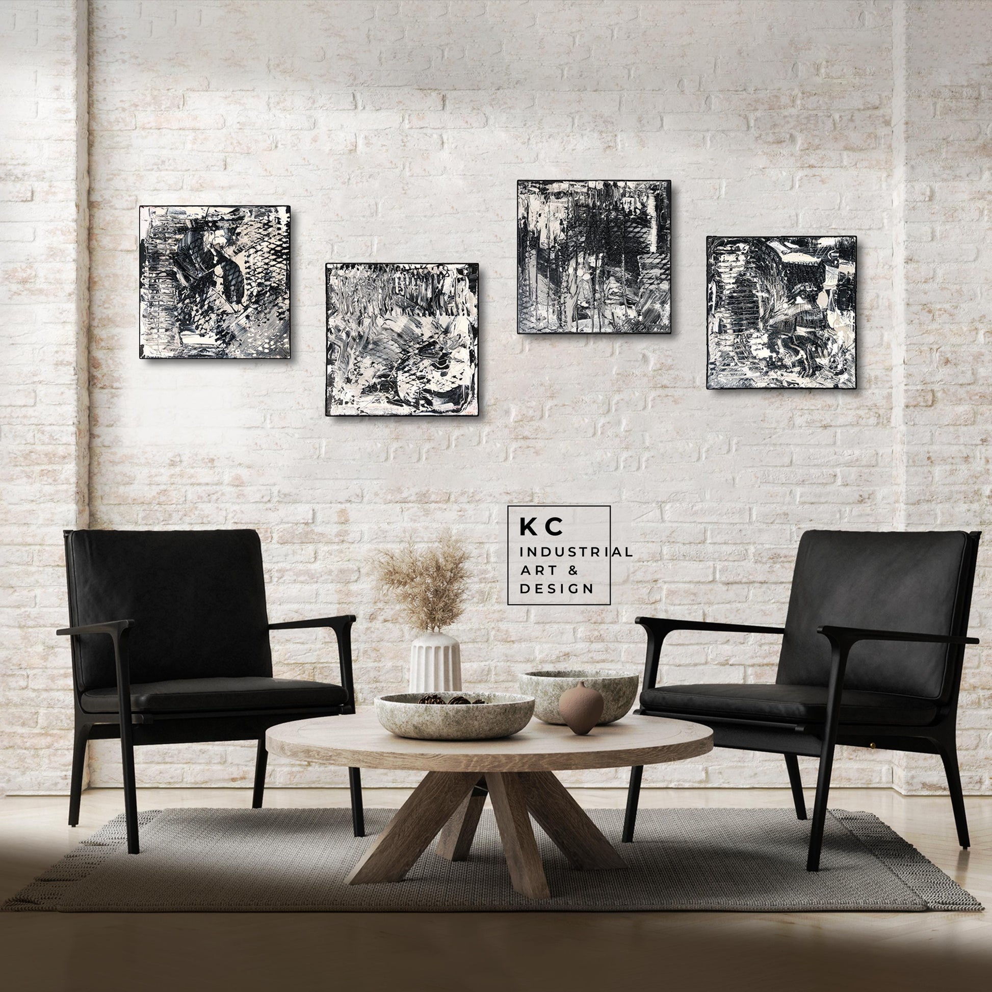 Black and White Industrial Textured Abstract Minimalist Wabi-Sabi Original Paintings | Set of Four KC Industrial Art & Design