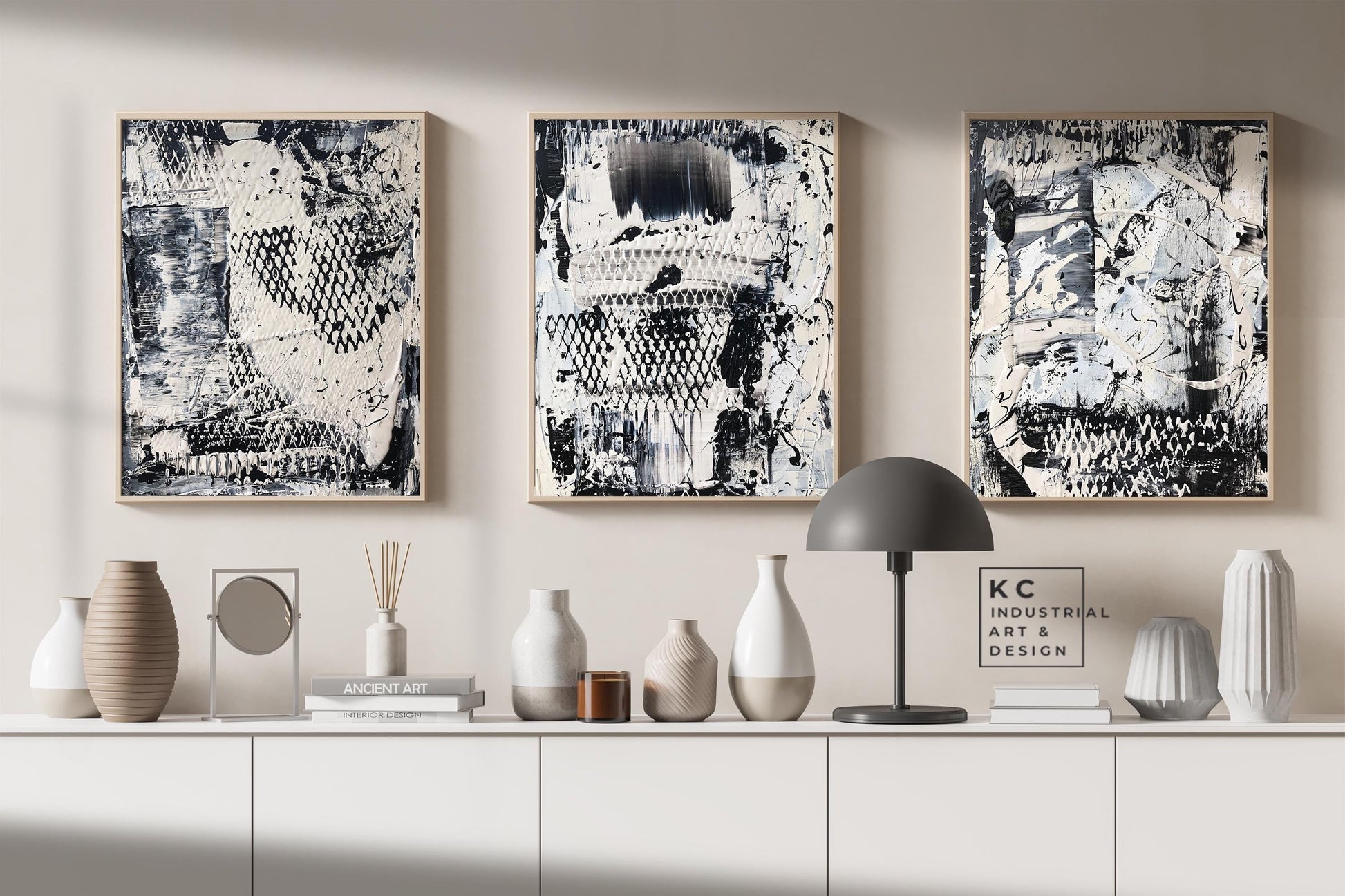 Black and White Industrial Textured Abstract Minimalist Wabi-Sabi Original Painting | Set of Three KC Industrial Art & Design