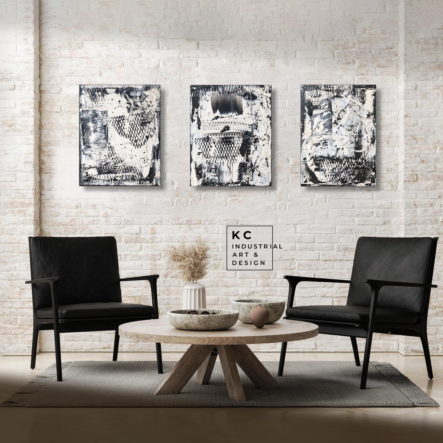 Black and White Industrial Textured Abstract Minimalist Wabi-Sabi Original Painting | Set of Three KC Industrial Art & Design