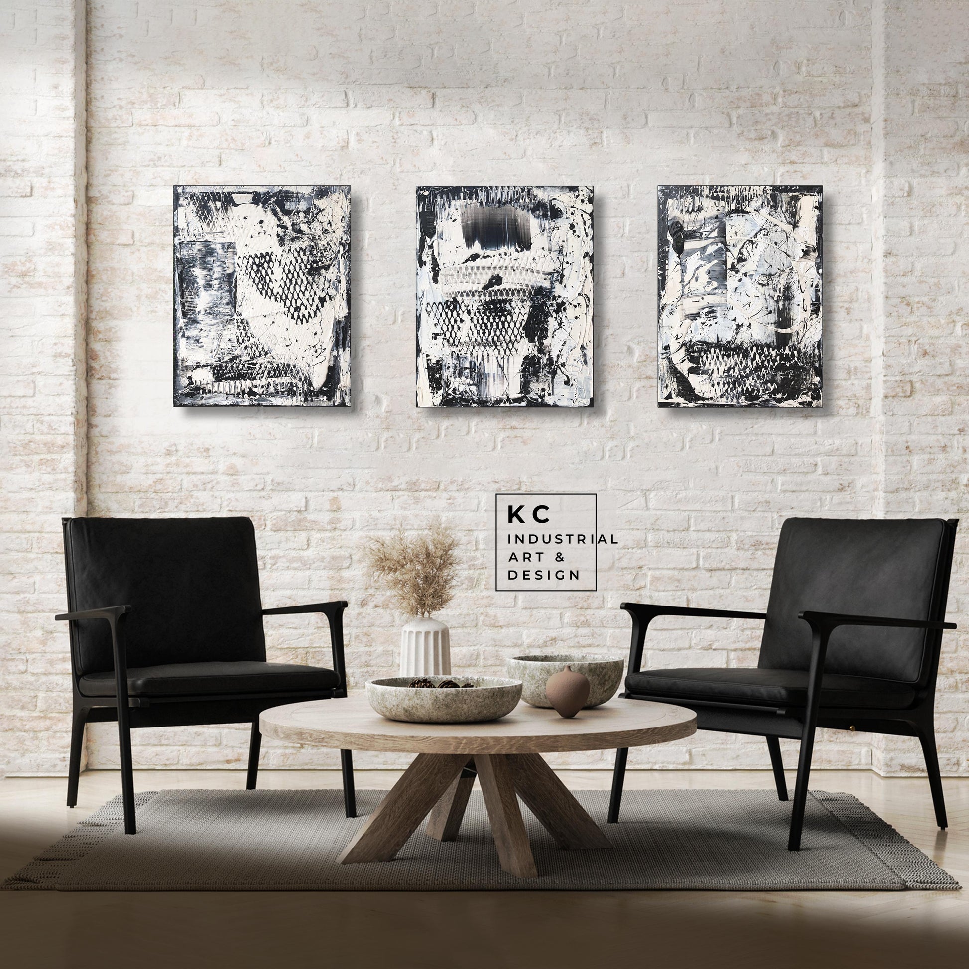 Black and White Industrial Textured Abstract Minimalist Wabi-Sabi Original Painting | Set of Three KC Industrial Art & Design