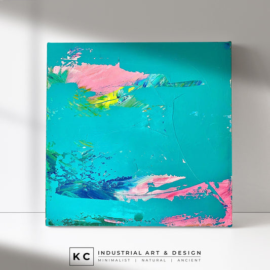 Peeled Paint Birthday Cake Pink Orange Teal and Blue Layered Textured Original Abstract Painting | Acrylic on Canvas KC Industrial Art & Design