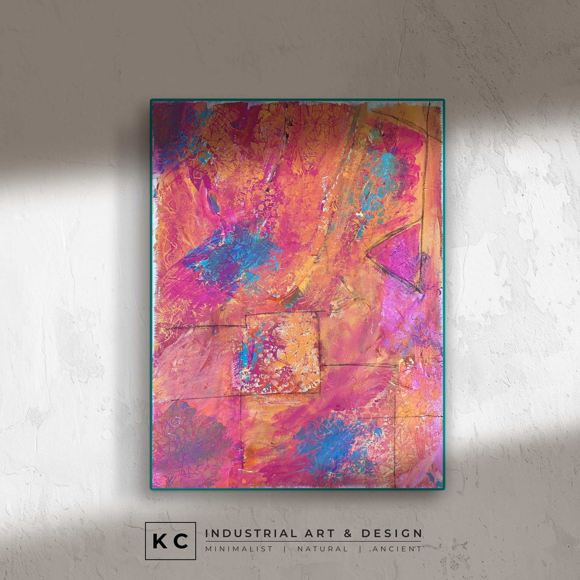 Elementary Pink Teal Orange Blue Blue Unique Size Layered Textured Original Abstract Painting | Acrylic Charcoal on Canvas KC Industrial Art & Design