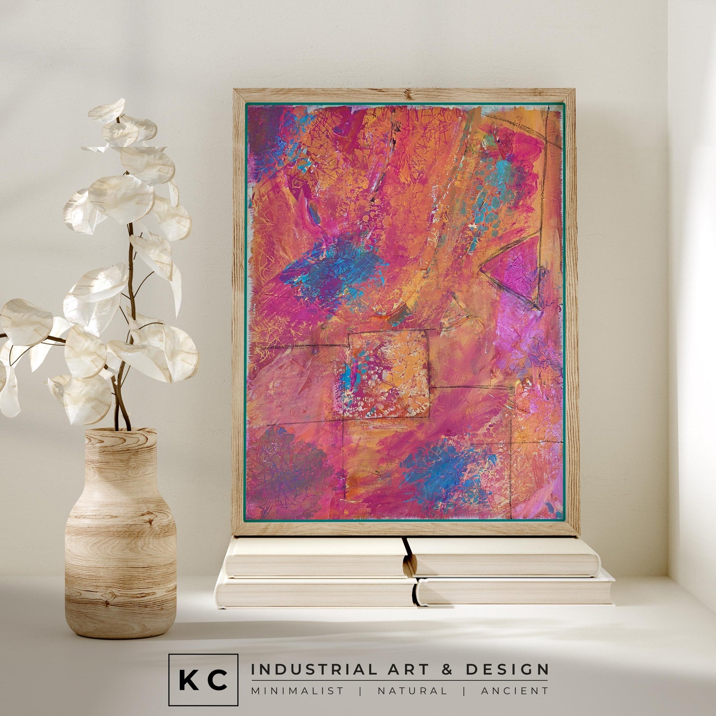Elementary Pink Teal Orange Blue Blue Unique Size Layered Textured Original Abstract Painting | Acrylic Charcoal on Canvas KC Industrial Art & Design