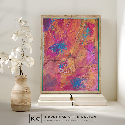 Elementary Pink Teal Orange Blue Blue Unique Size Layered Textured Original Abstract Painting | Acrylic Charcoal on Canvas KC Industrial Art & Design