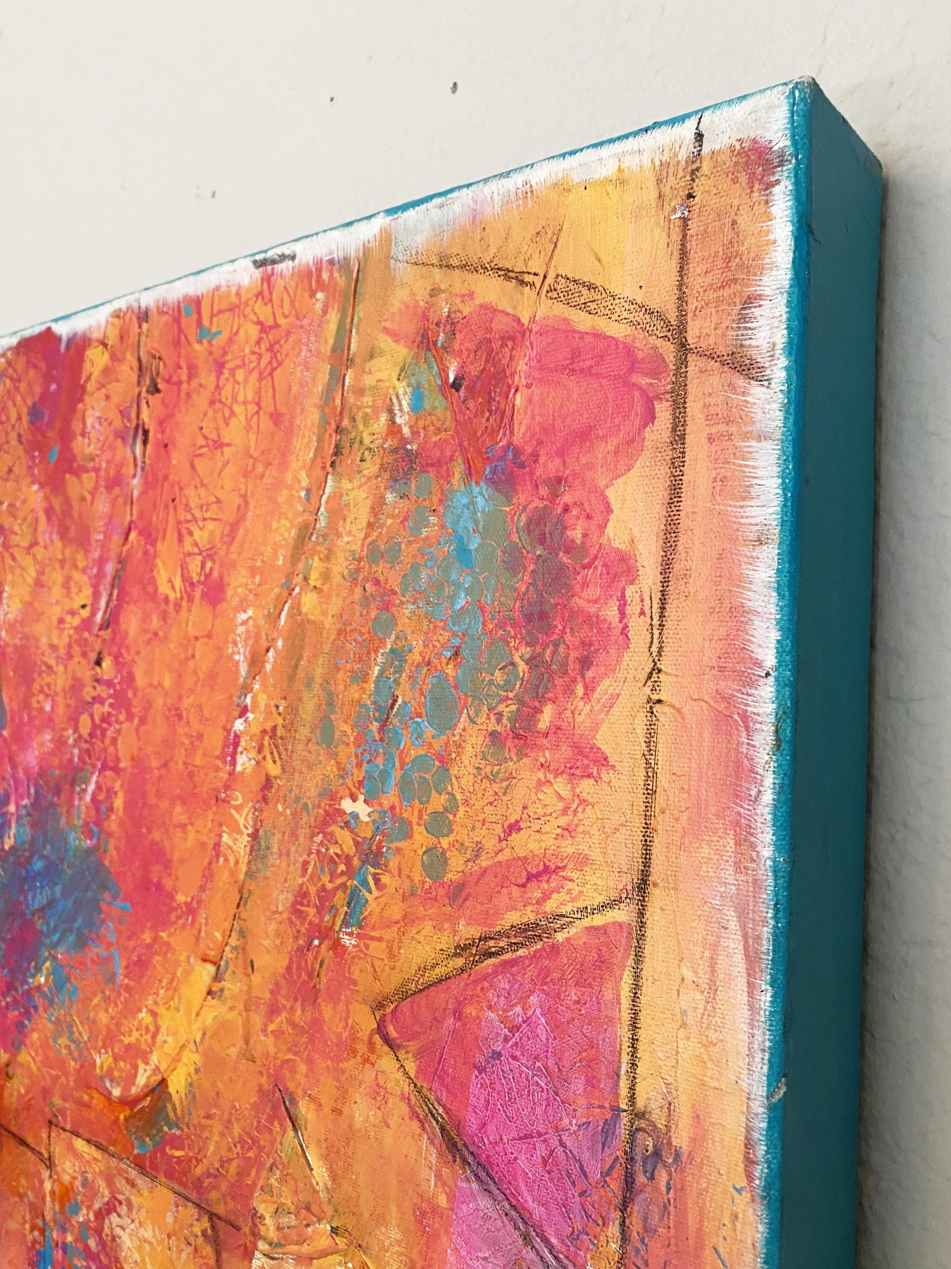 Elementary Pink Teal Orange Blue Blue Unique Size Layered Textured Original Abstract Painting | Acrylic Charcoal on Canvas KC Industrial Art & Design