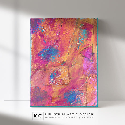 Elementary Pink Teal Orange Blue Blue Unique Size Layered Textured Original Abstract Painting | Acrylic Charcoal on Canvas KC Industrial Art & Design
