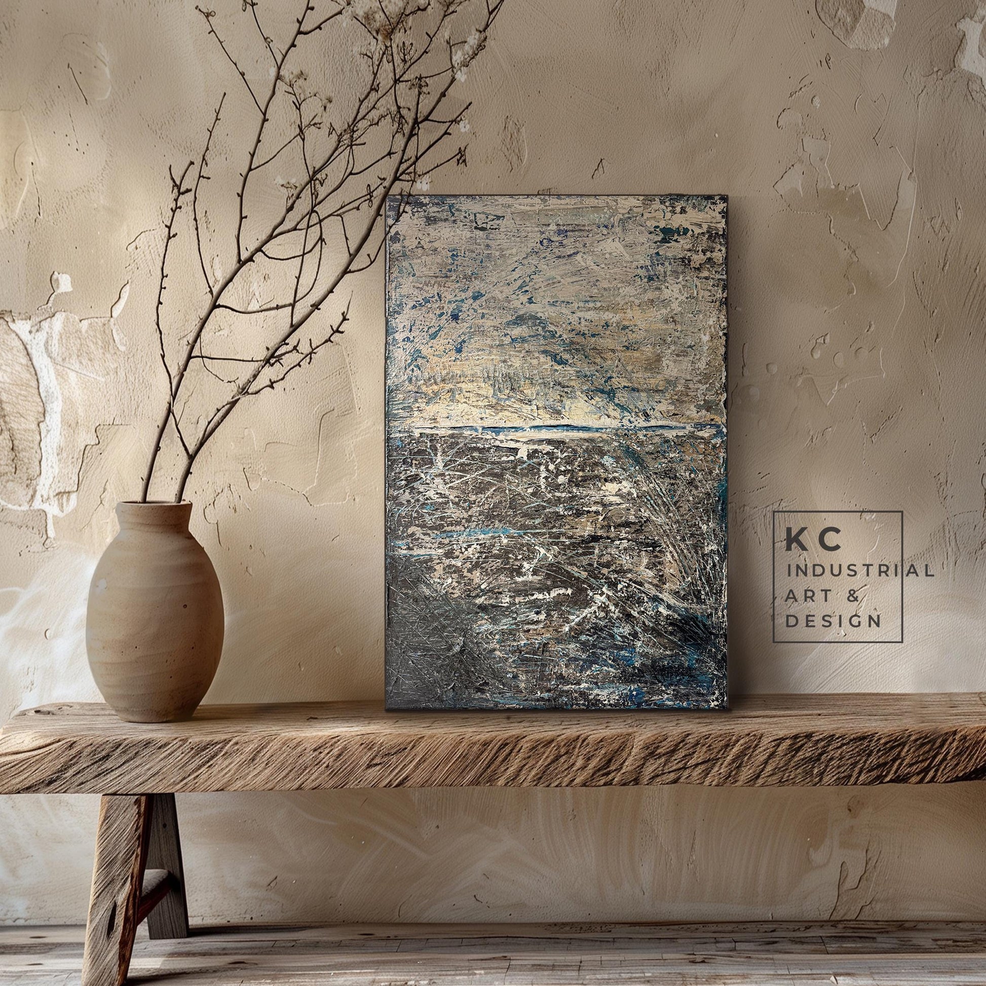 Wabi-Sabi Erratic Earth Scratchings Textured Layers | Abstract Minimalist Brown Beige Blue Turquoise Tan Distressed Artisan Painting KC Industrial Art & Design