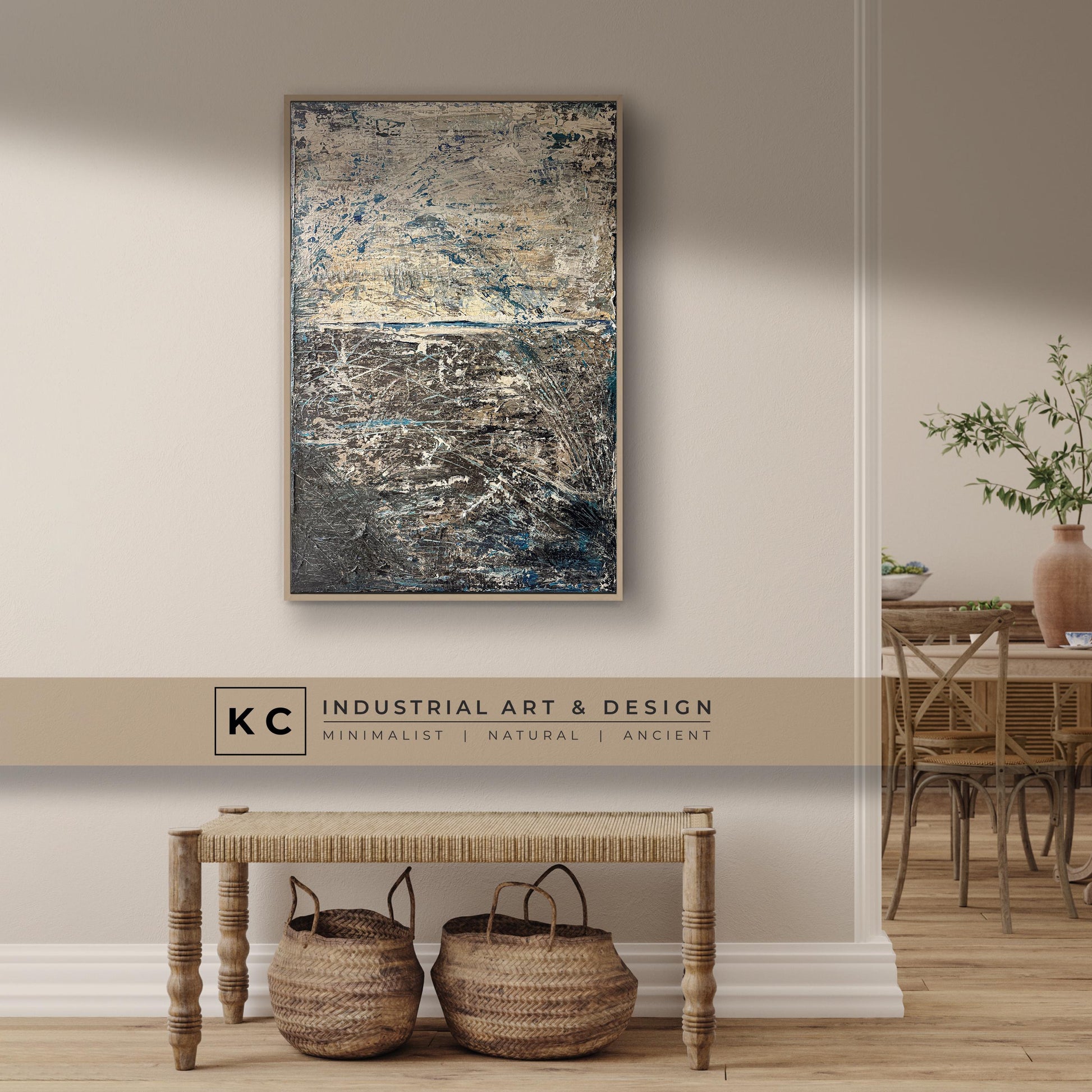 Wabi-Sabi Erratic Earth Scratchings Textured Layers | Abstract Minimalist Brown Beige Blue Turquoise Tan Distressed Artisan Painting KC Industrial Art & Design
