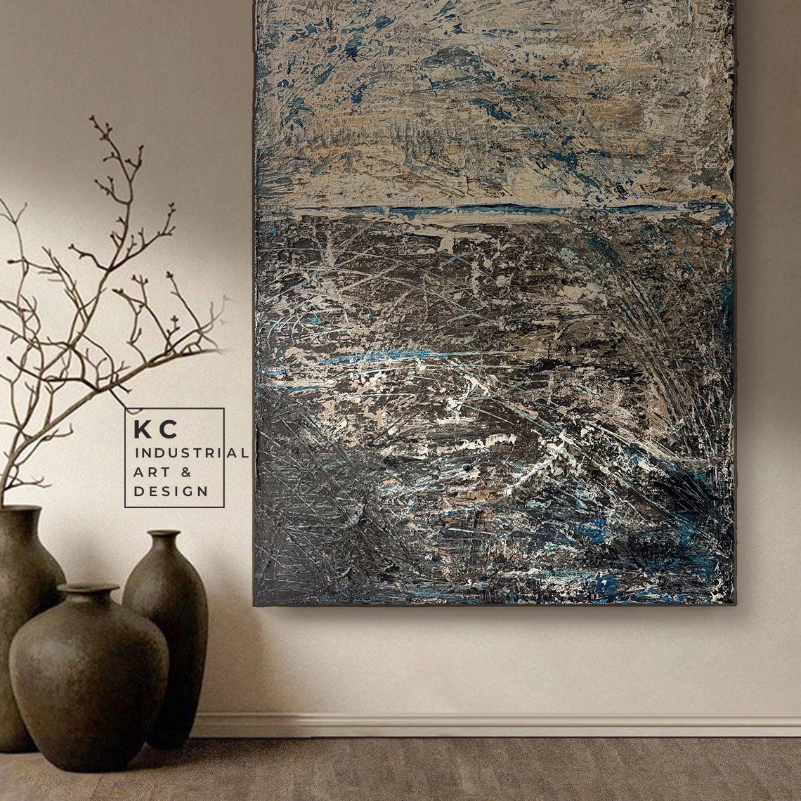 Wabi-Sabi Erratic Earth Scratchings Textured Layers | Abstract Minimalist Brown Beige Blue Turquoise Tan Distressed Artisan Painting KC Industrial Art & Design