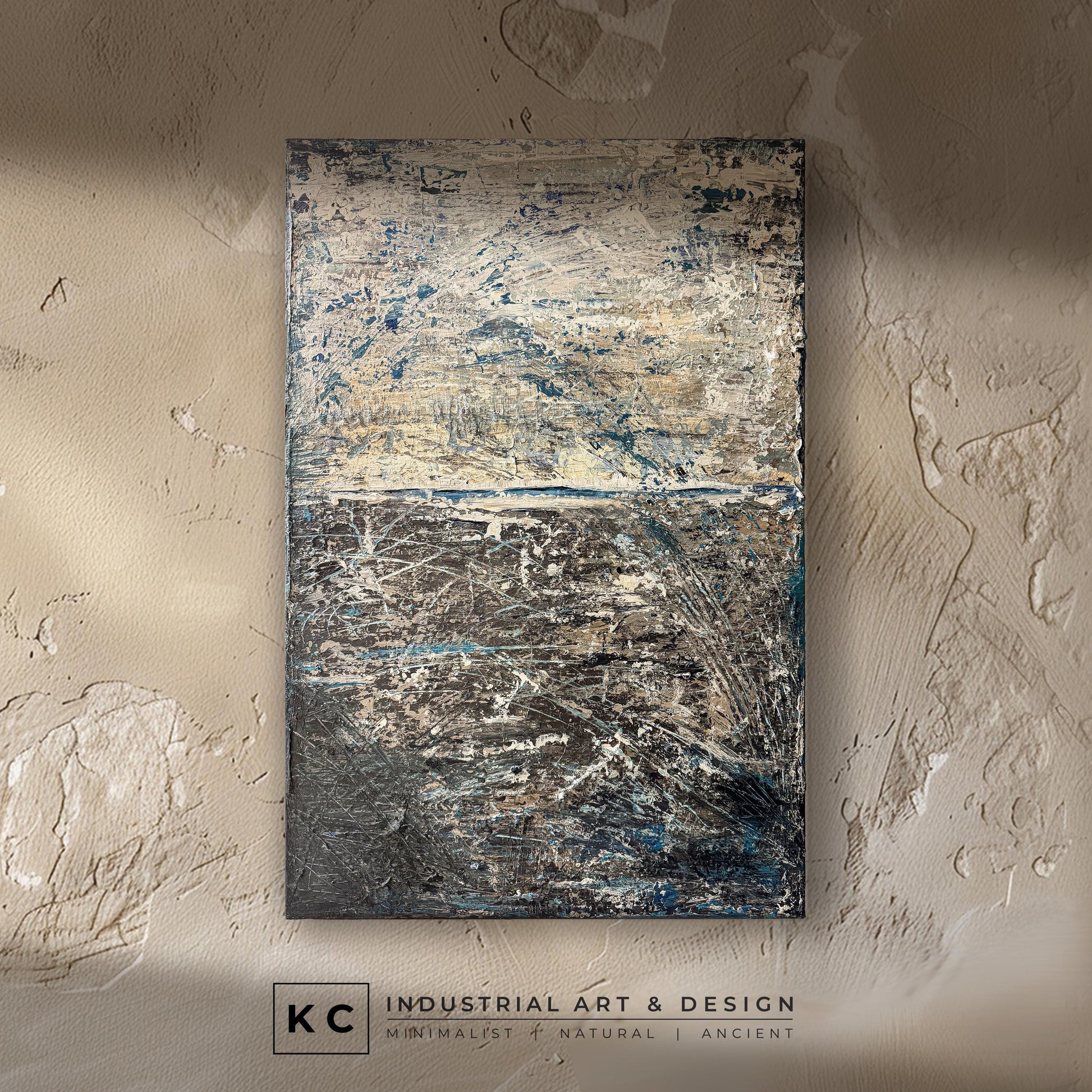 Wabi-Sabi Erratic Earth Scratchings Textured Layers | Abstract Minimalist Brown Beige Blue Turquoise Tan Distressed Artisan Painting KC Industrial Art & Design