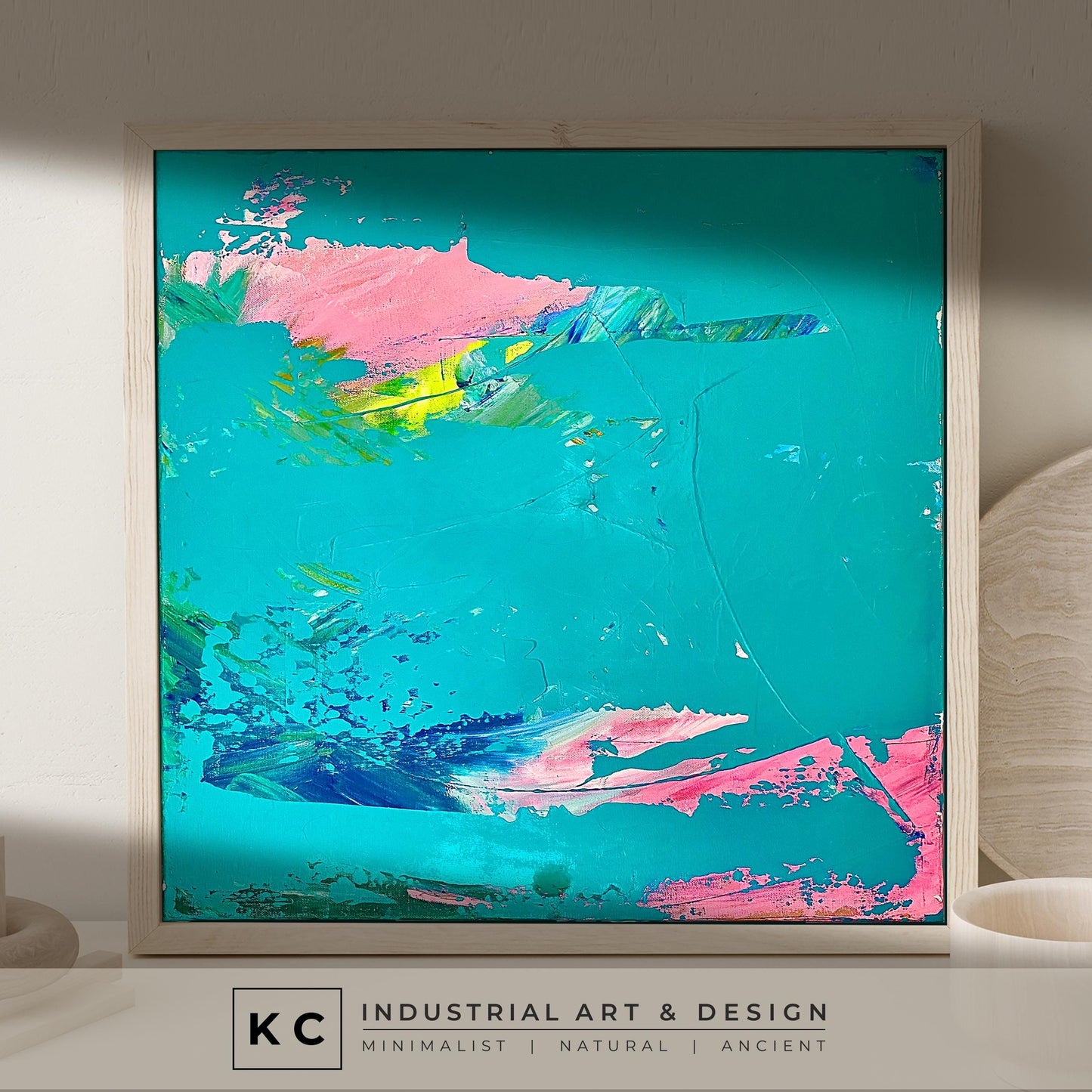 Peeled Paint Birthday Cake Pink Orange Teal and Blue Layered Textured Original Abstract Painting | Acrylic on Canvas KC Industrial Art & Design
